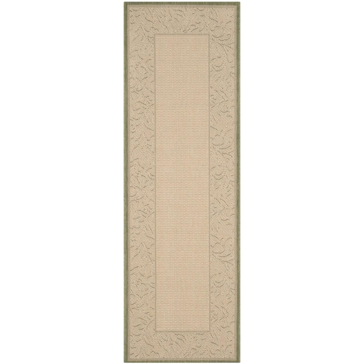 SAFAVIEH Courtyard Dani Damask Bordered Indoor/Outdoor Runner Rug, 2'3" x 6'7", Olive/Natural