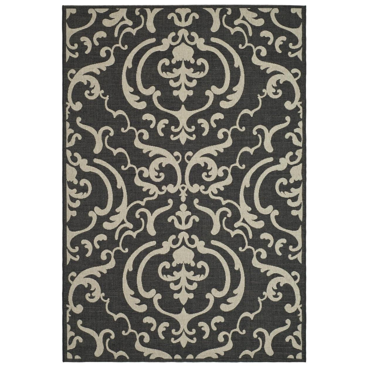 SAFAVIEH Courtyard Dara Damask Indoor/Outdoor Area Rug, 4' x 5'7", Black/Sand