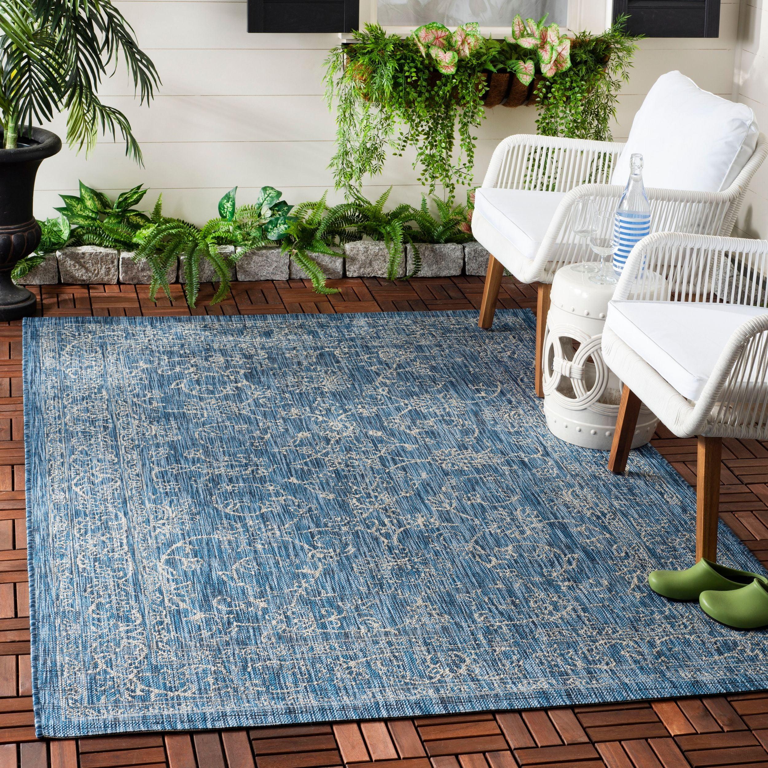 Safavieh Courtyard Square Navy/Ivory Synthetic Indoor/Outdoor Rug, 4' x 4'