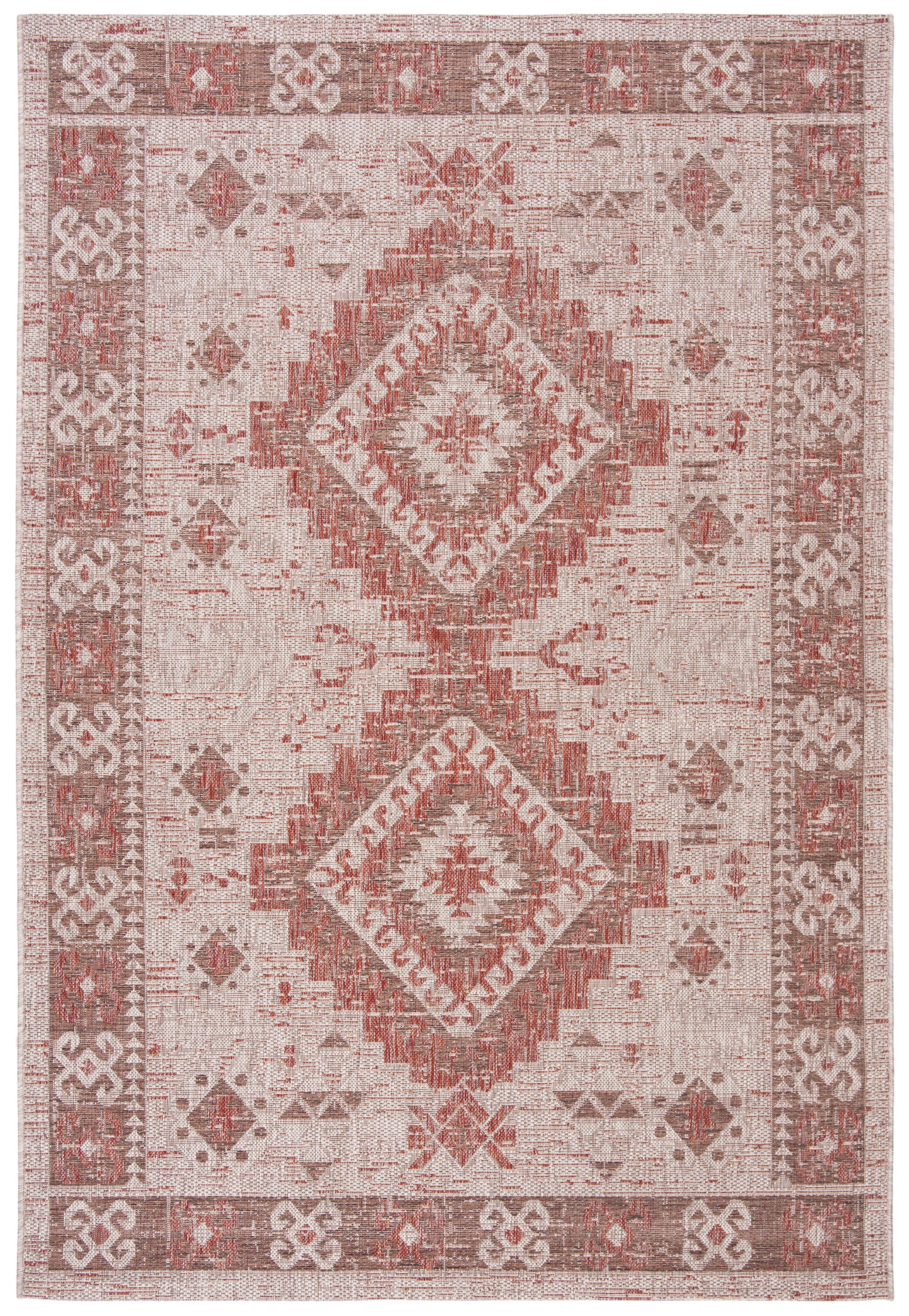 Elegant Red and Beige Rectangular Easy-Care Outdoor Rug - 4' x 5'7"