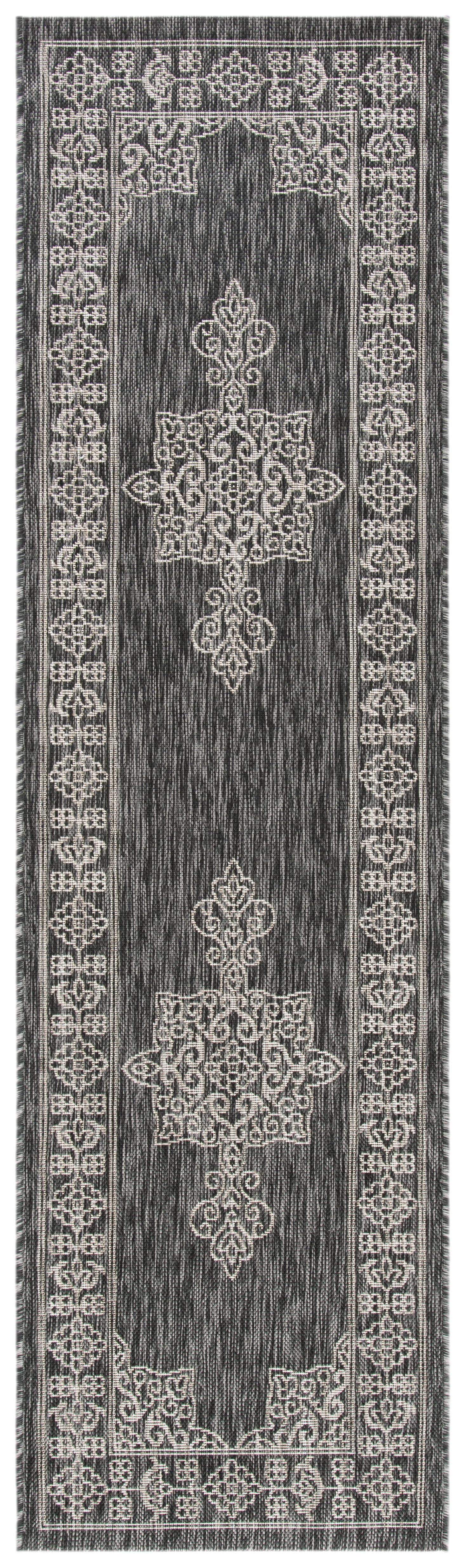 Black and Ivory Synthetic Indoor/Outdoor Runner Rug