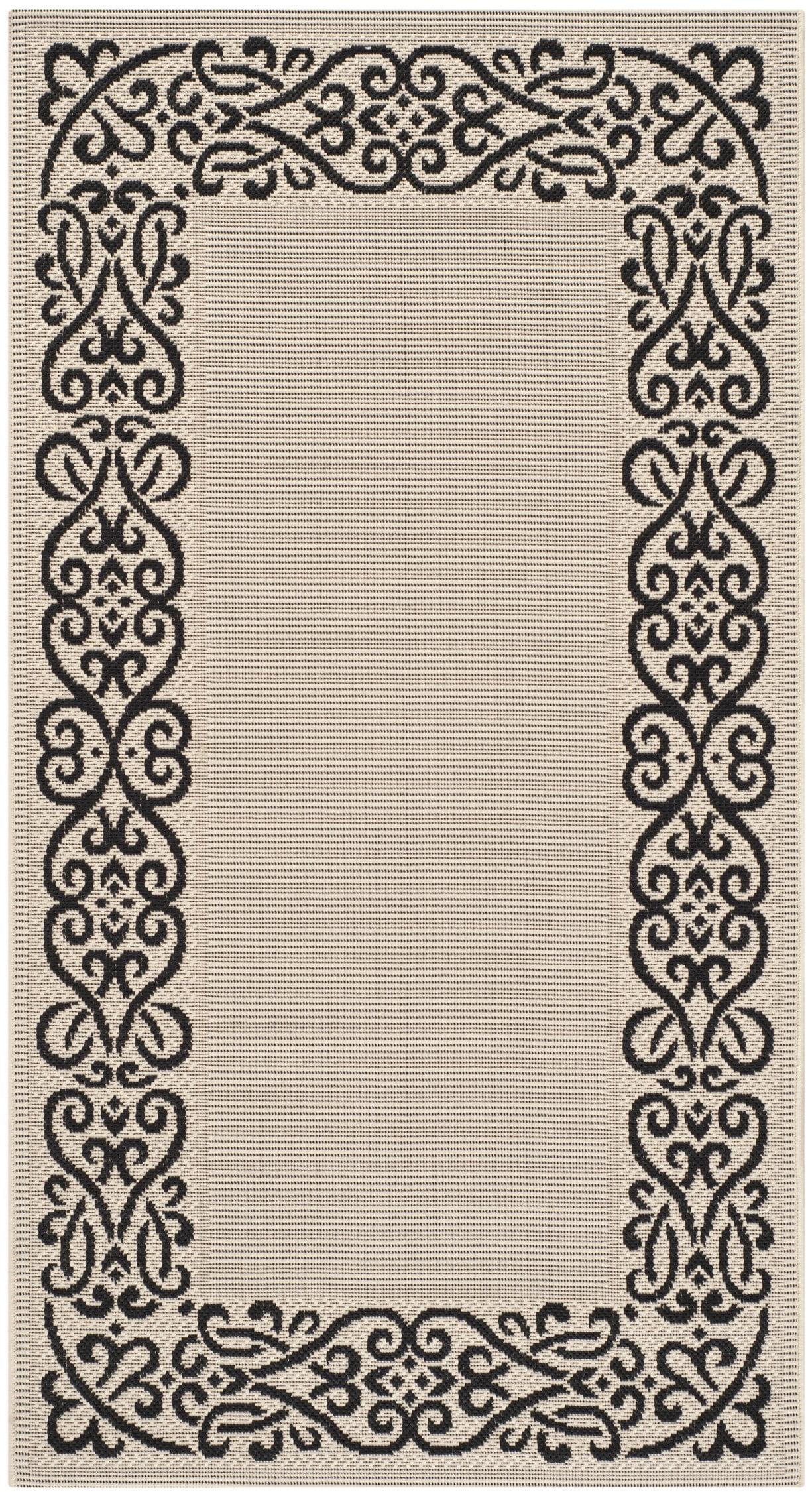 Sand and Black Floral Border Outdoor Area Rug 4' x 5'7"