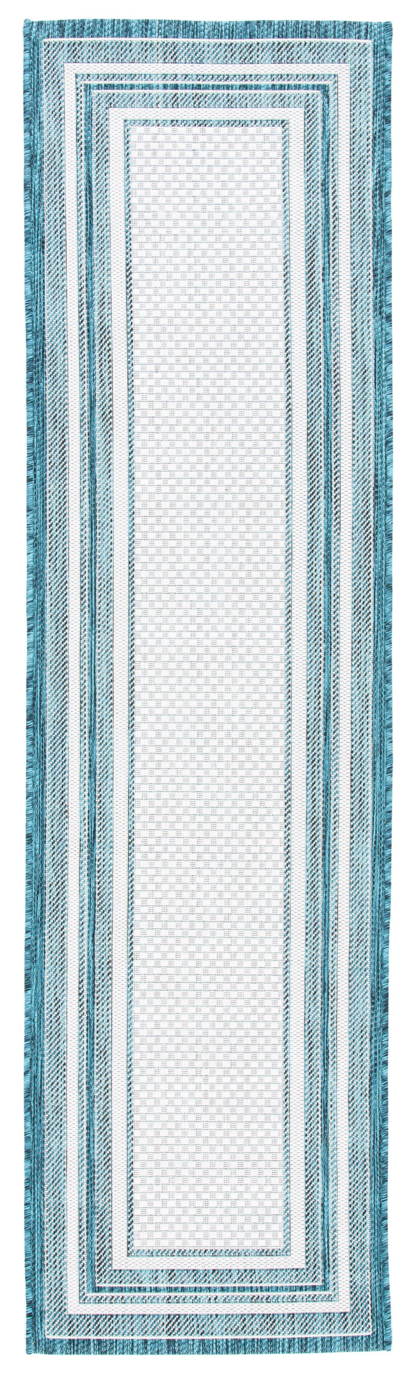 SAFAVIEH Courtyard Ercan Bordered Indoor/Outdoor Runner Rug, Ivory/Teal, 2'3" x 6'7"