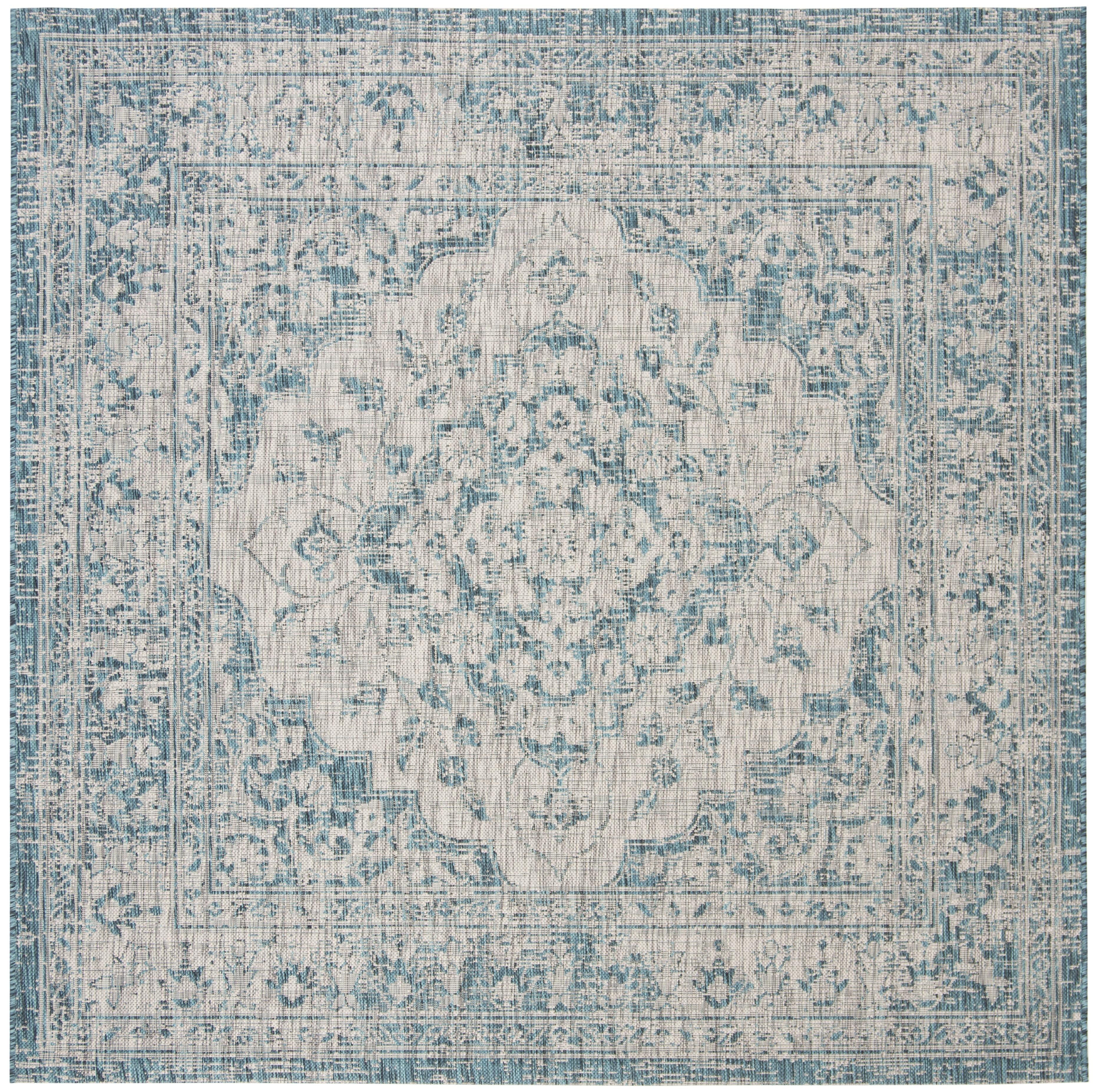 Gray and Blue Square Synthetic Indoor/Outdoor Rug