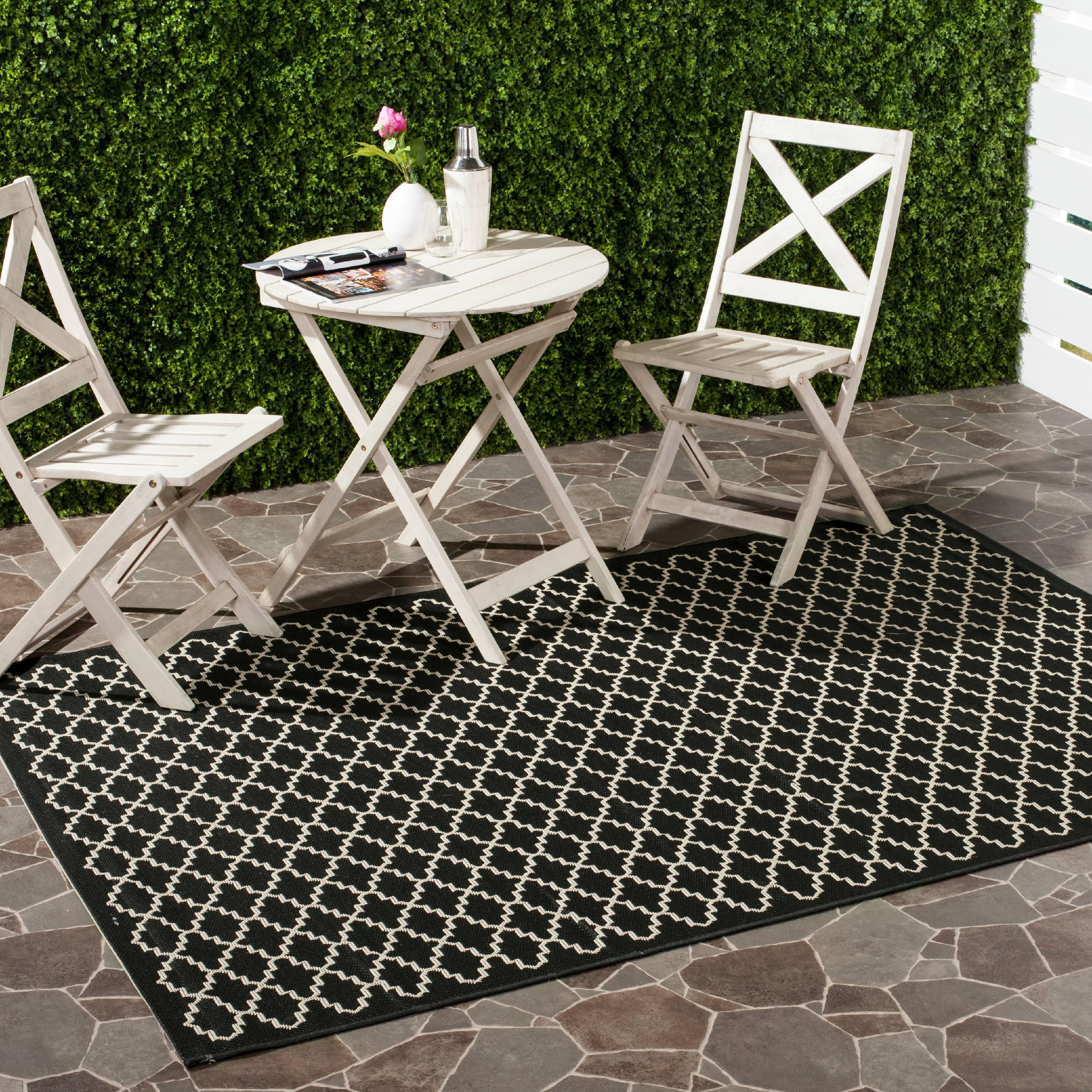 Square Black and Beige Synthetic Outdoor Area Rug