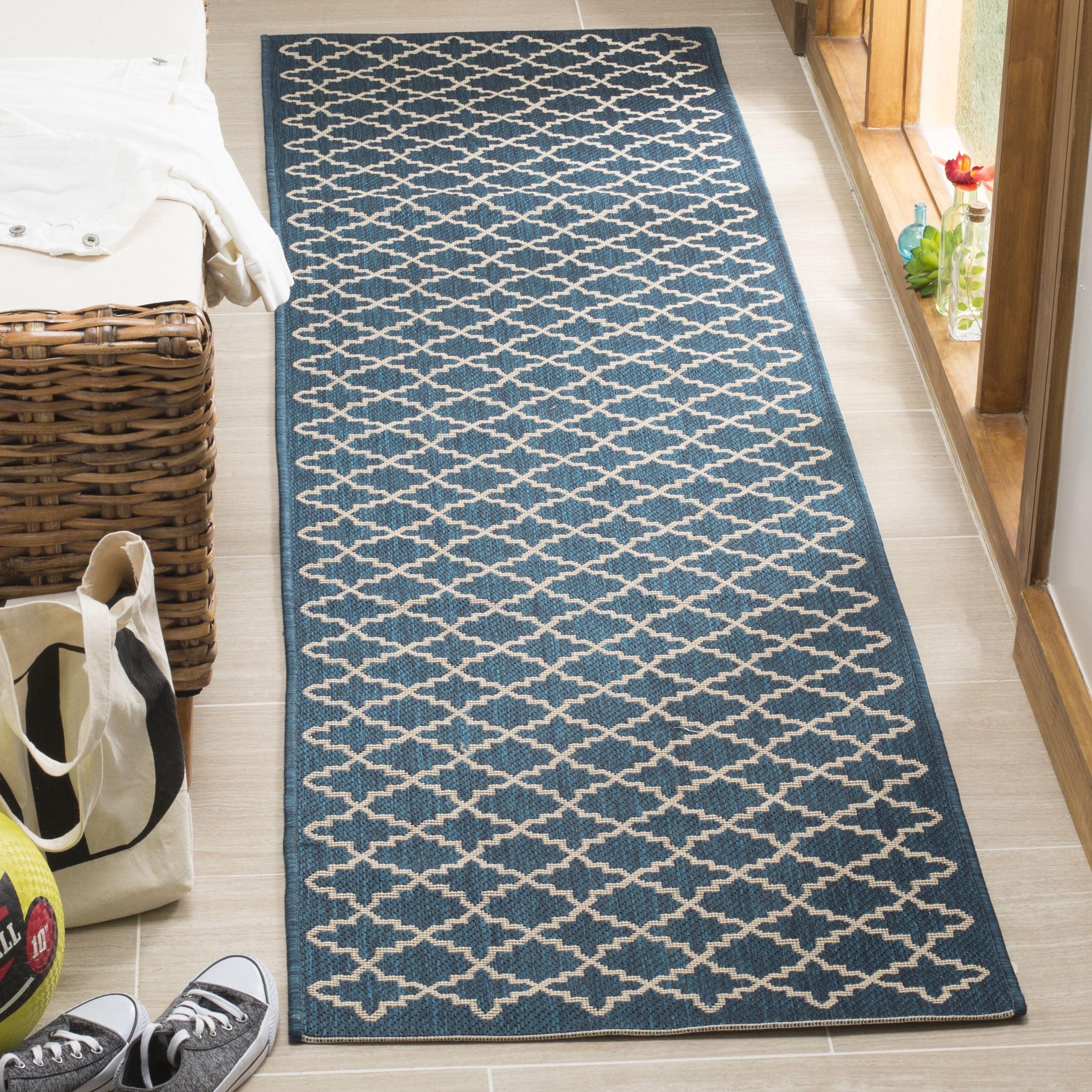 Navy and Beige Synthetic Outdoor Runner Rug