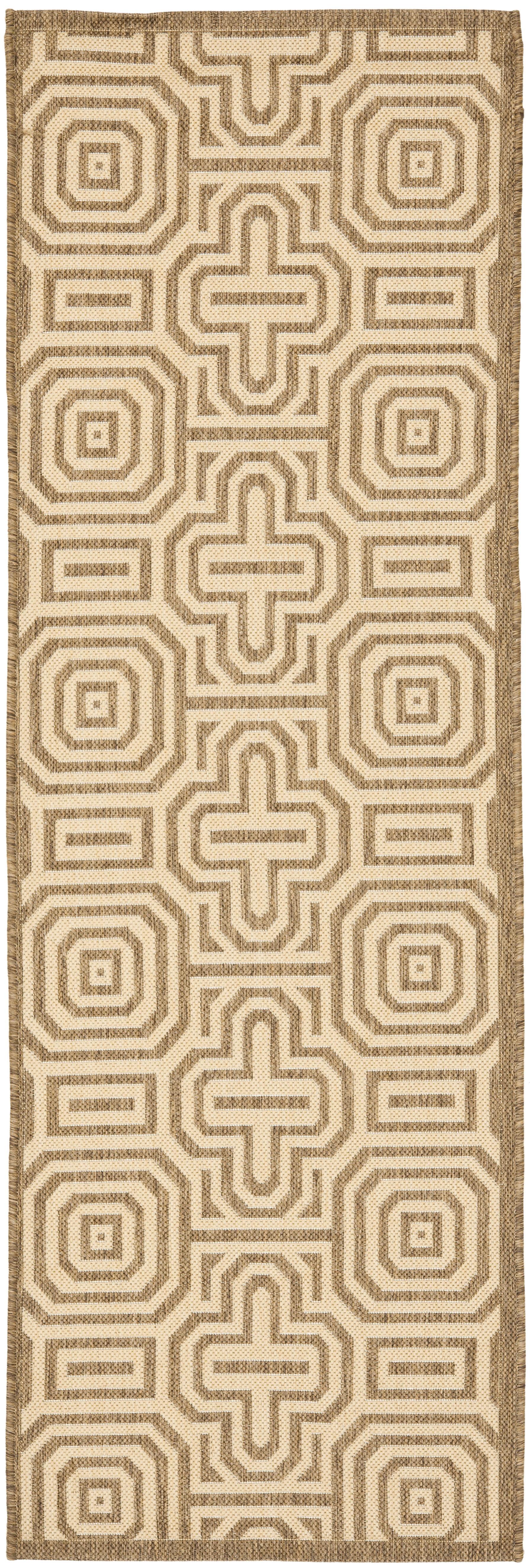 Brown and Natural Geometric Outdoor Runner Rug with Trim