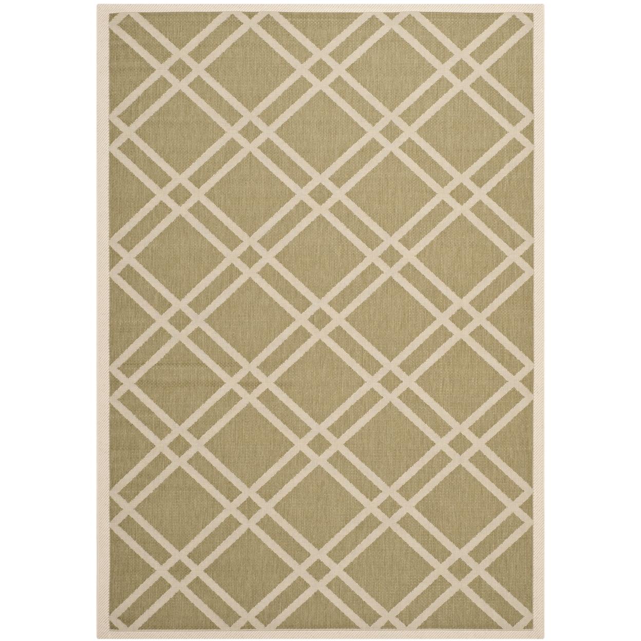 Green and Beige Geometric Bordered Outdoor Area Rug, 4' x 5'7"