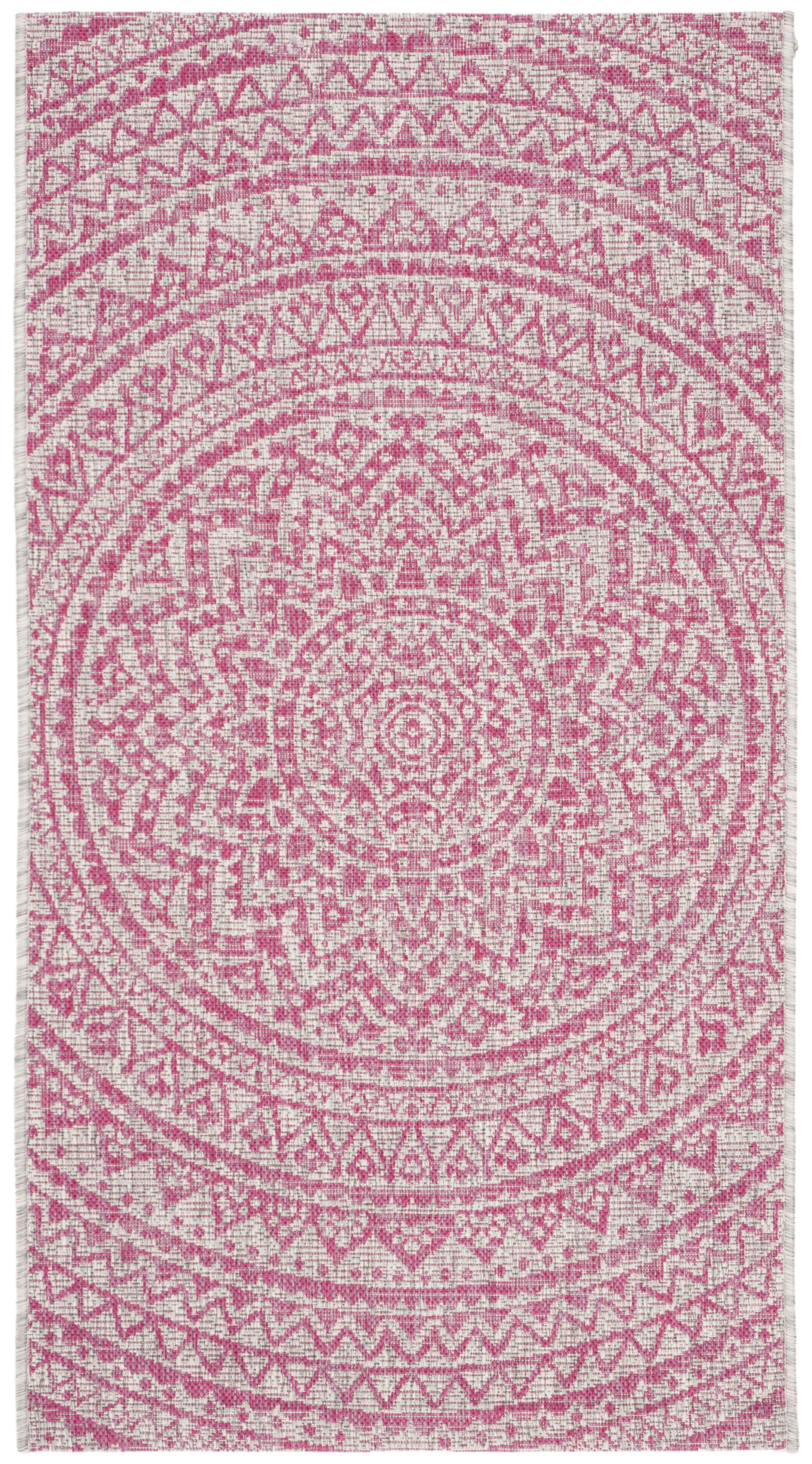 Light Grey and Fuchsia Round Synthetic Medallion Rug