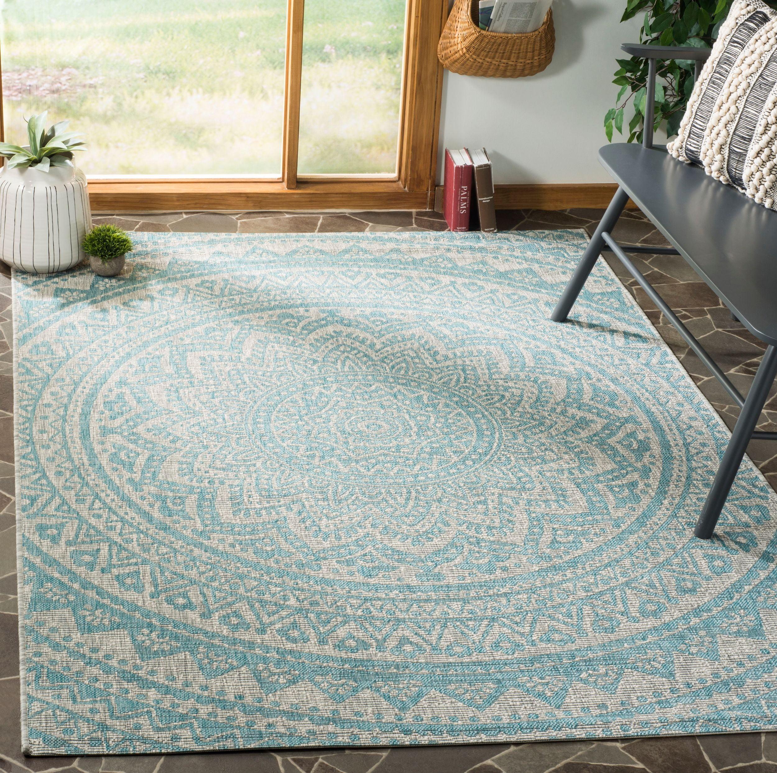 Courtyard CY8734 Power Loomed Indoor and Outdoor Area Rug - Light Grey/Aqua - 5'3"x7'7" - Safavieh