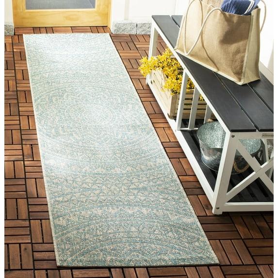 Courtyard CY8734 UV & Stain Resistant Non-Shedding Power Loomed Indoor/Outdoor Runner Rug - Light Grey/Aqua - 2'3"x8' - Safavieh