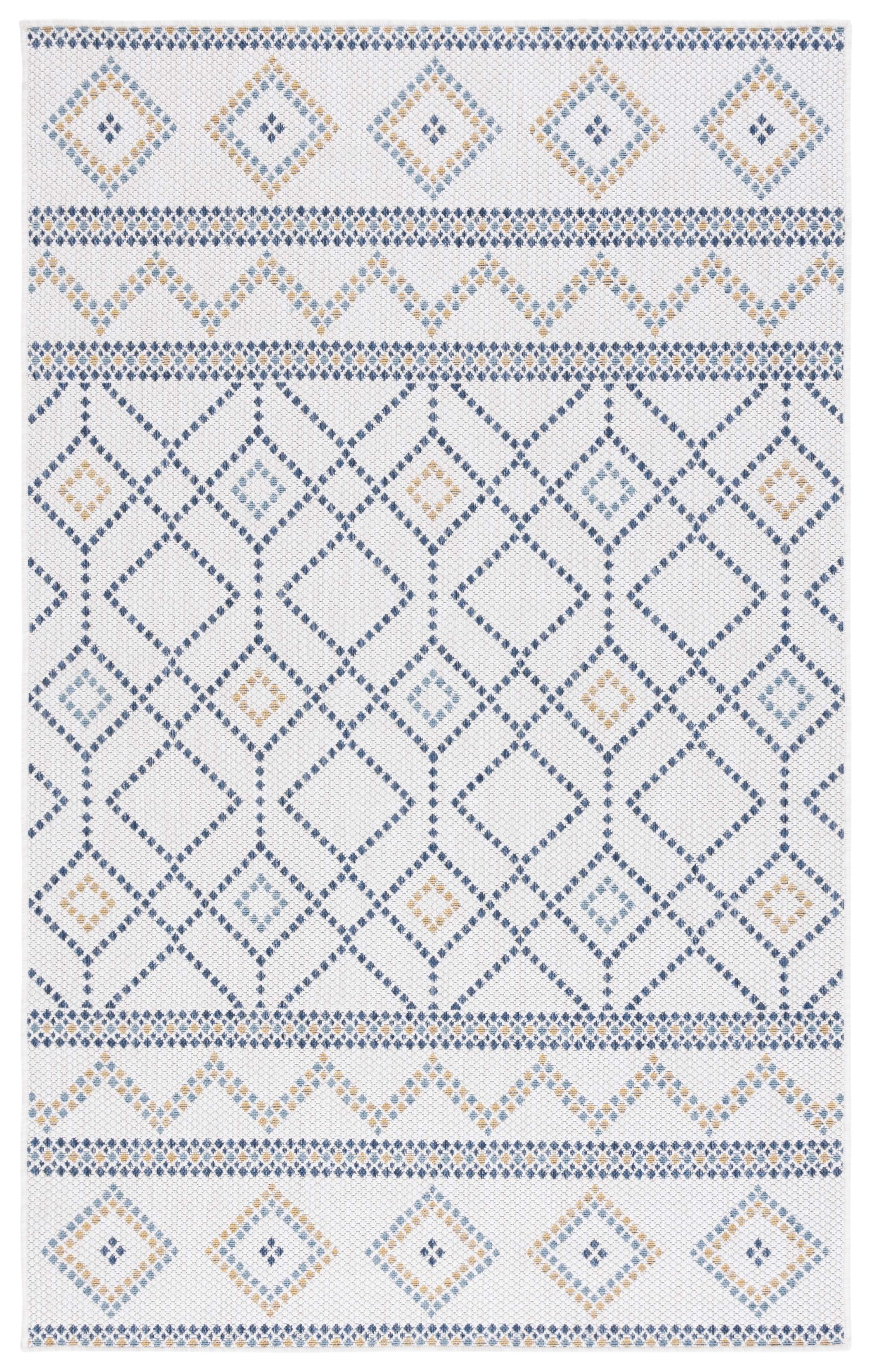 Ivory and Navy Geometric Synthetic Indoor/Outdoor Rug