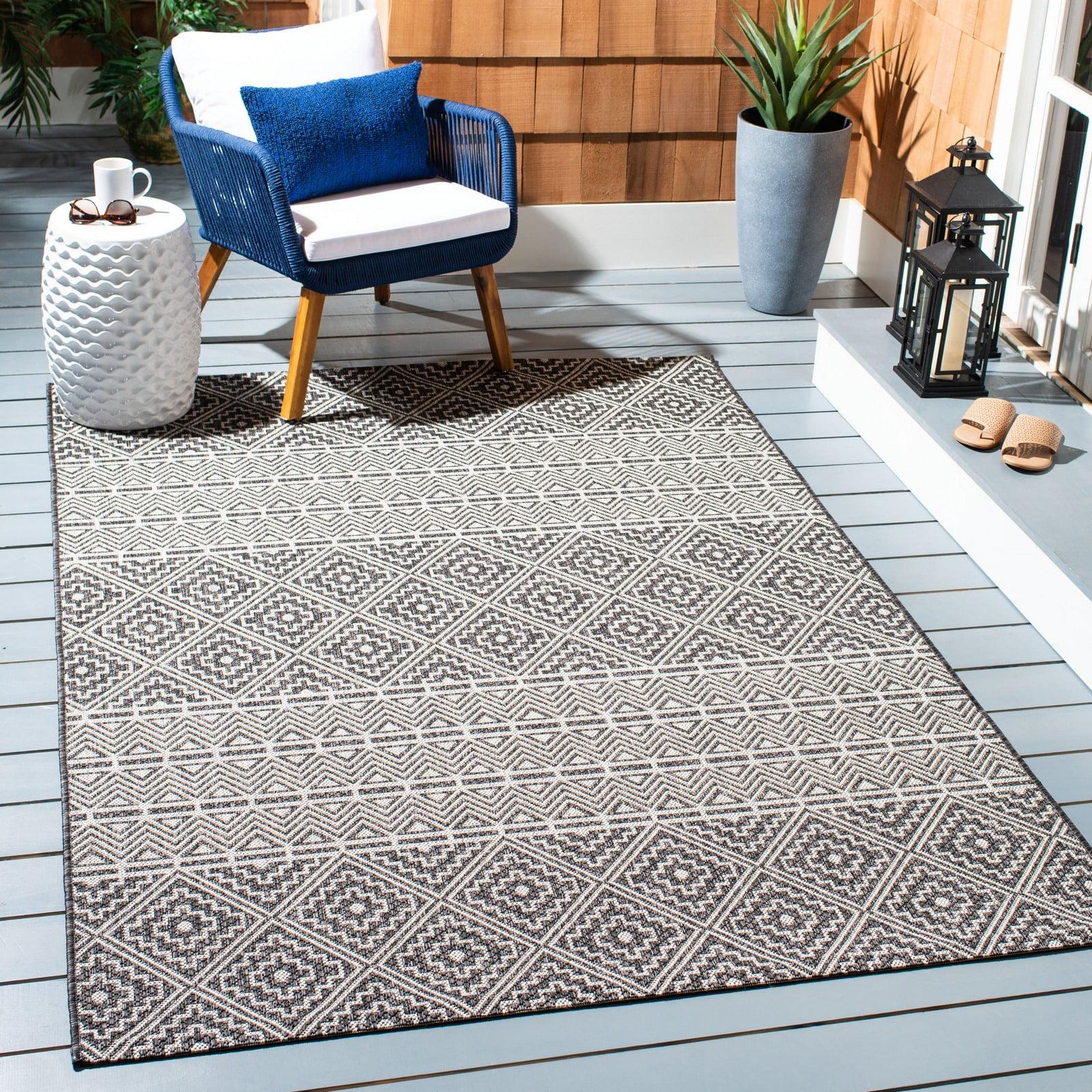 Black and Grey Geometric 9' x 12' Synthetic Outdoor Rug