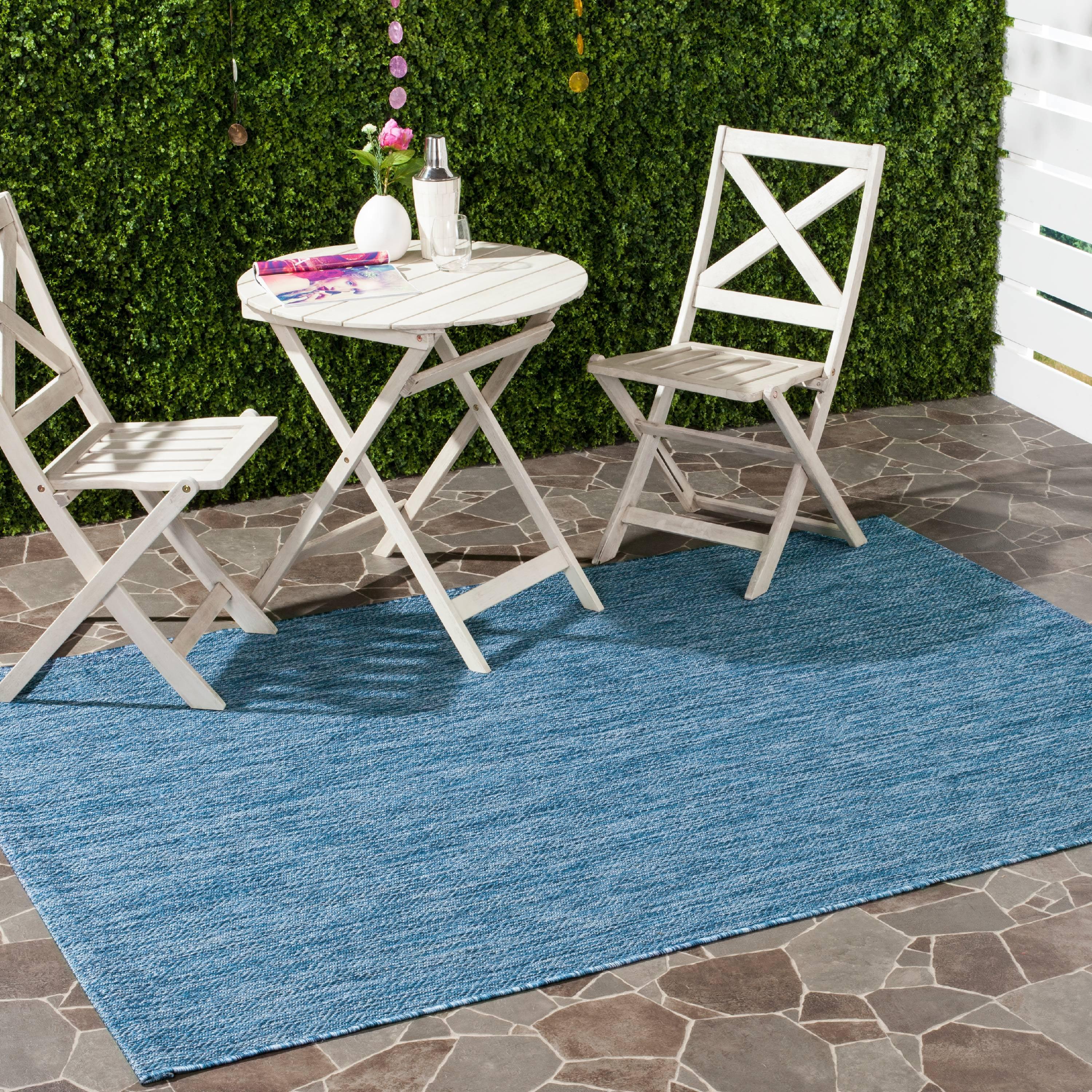 Navy Blue Geometric Low Pile Indoor/Outdoor Rug