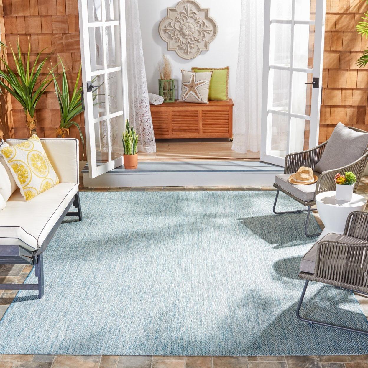 Courtyard CY8022 Power Loomed Indoor and Outdoor Area Rug - Aqua/Grey - 5'3" Round - Safavieh