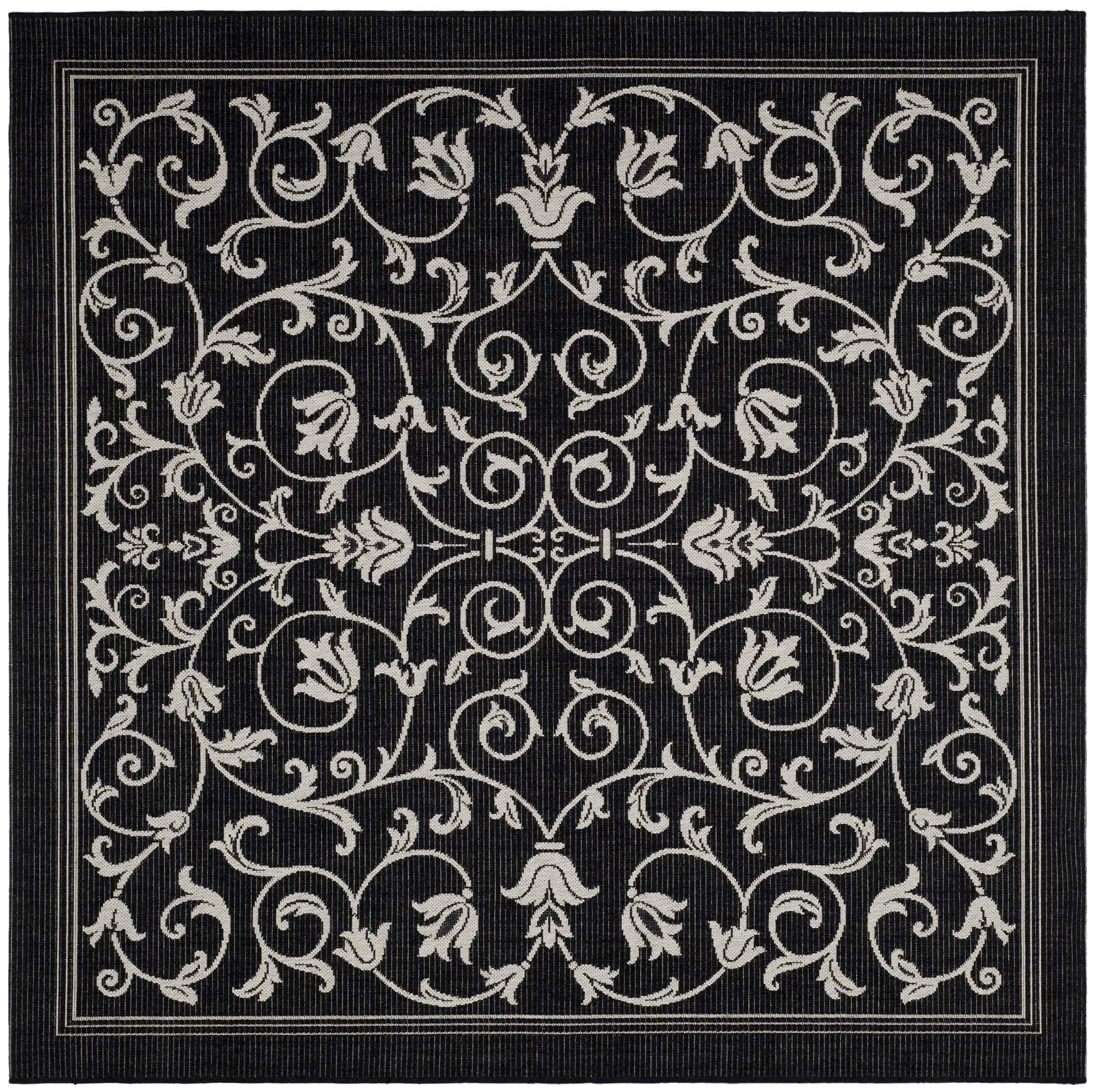 SAFAVIEH Courtyard Nanda Floral Indoor/Outdoor Area Rug, 7'10" x 7'10" Square, Black/Sand
