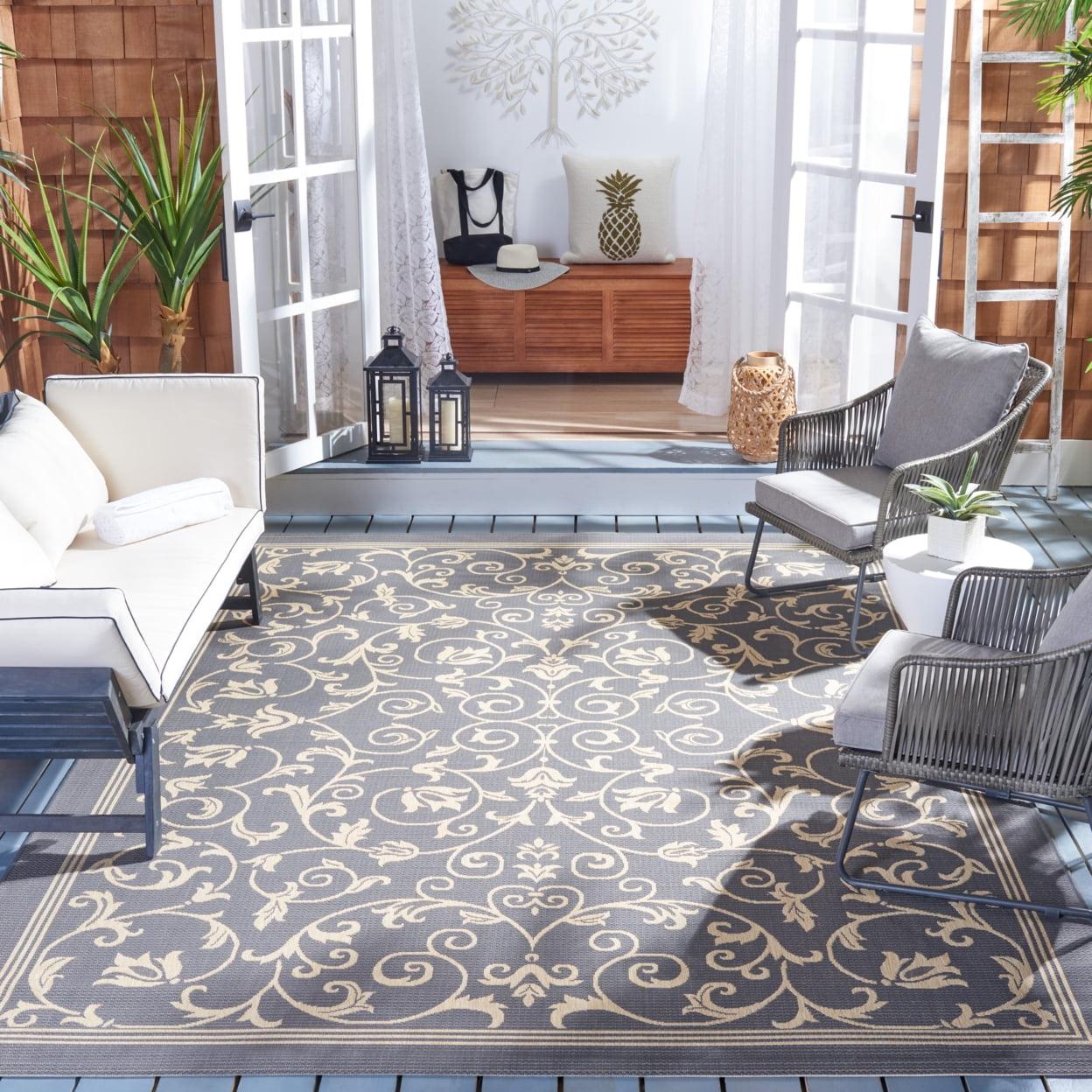 SAFAVIEH Courtyard Nanda Floral Indoor/Outdoor Area Rug, 7'10" x 7'10" Square, Grey/Natural