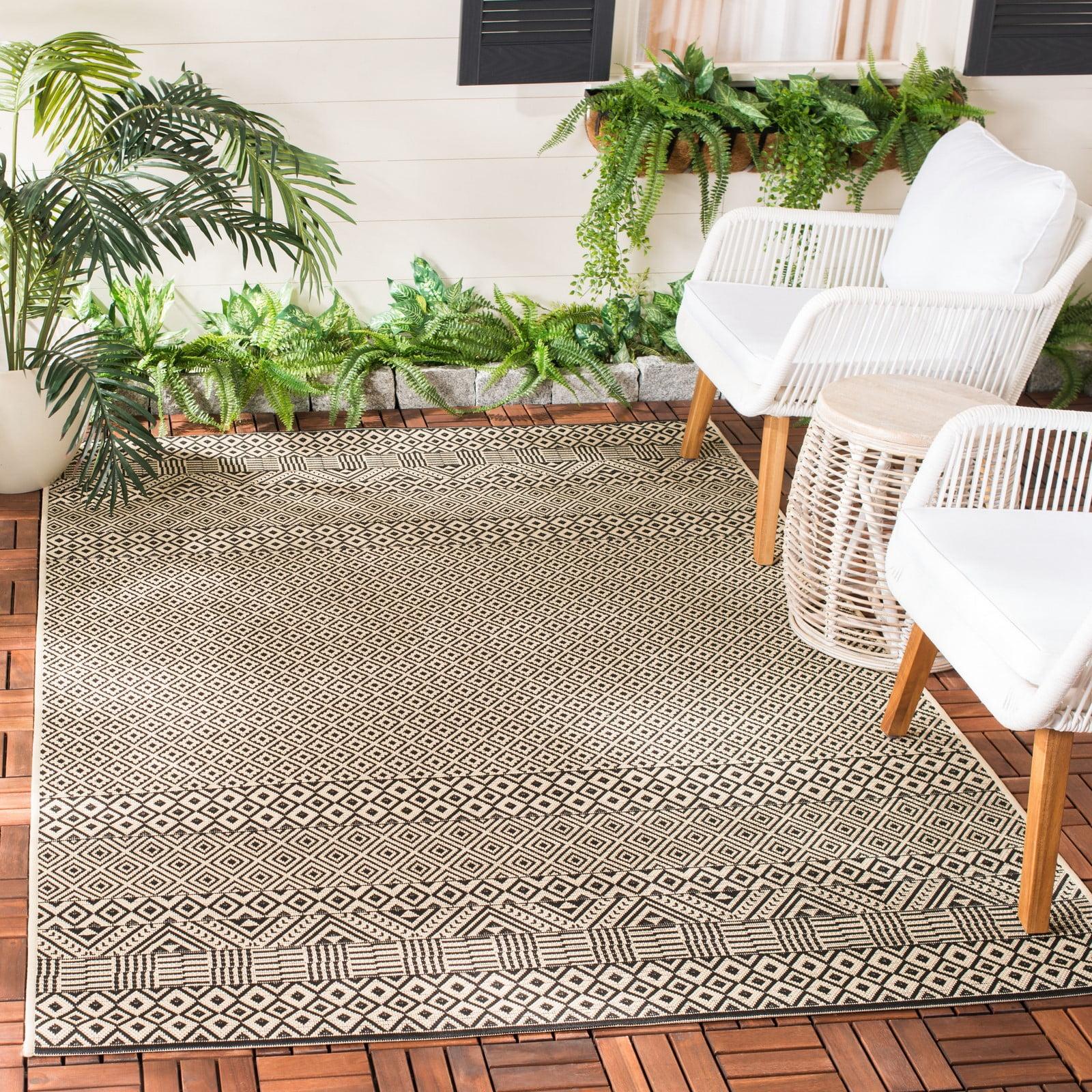 Beige and Black Synthetic Aztec Indoor/Outdoor Rug