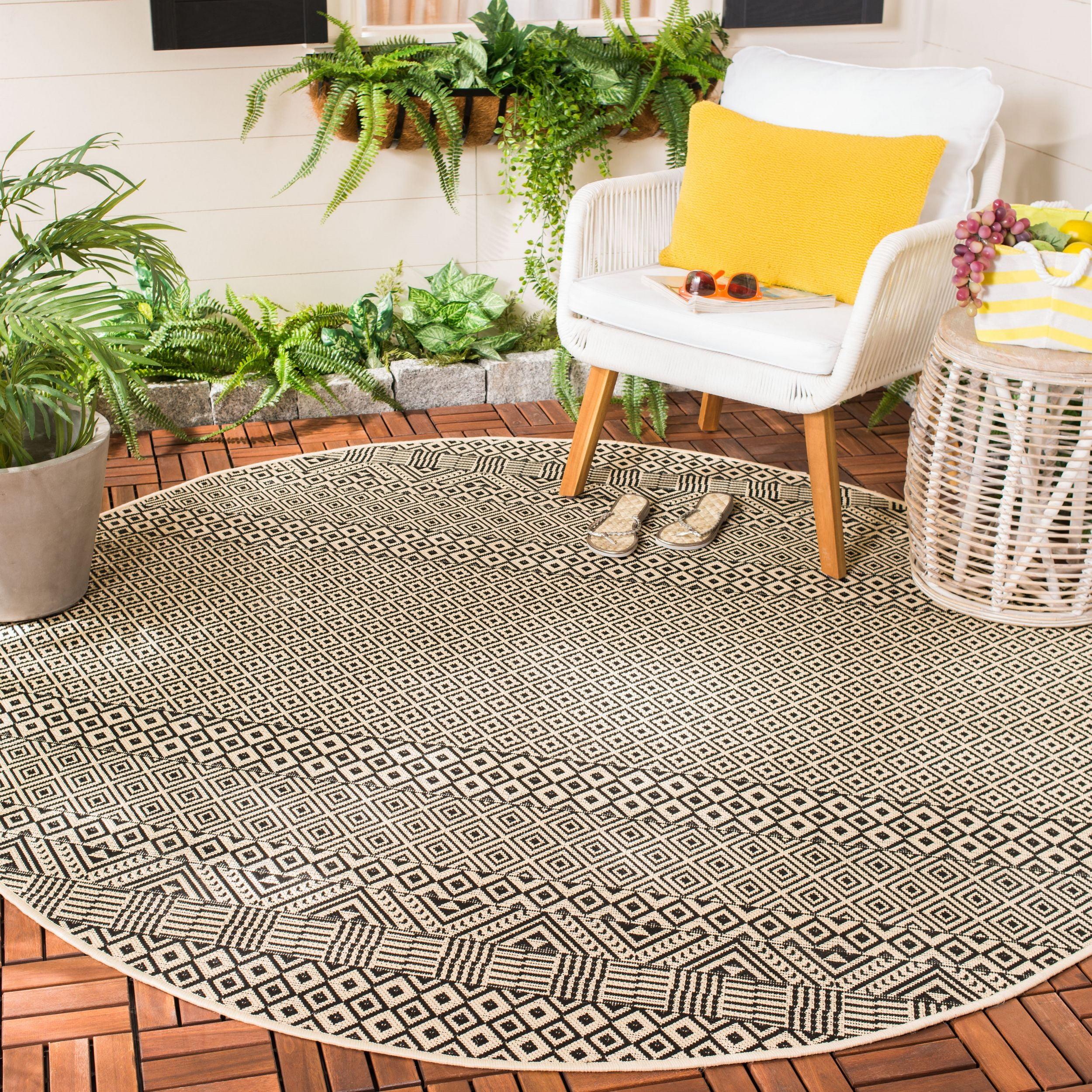 Naomi Aztec Non-slip Round Black and Beige Indoor/Outdoor Rug