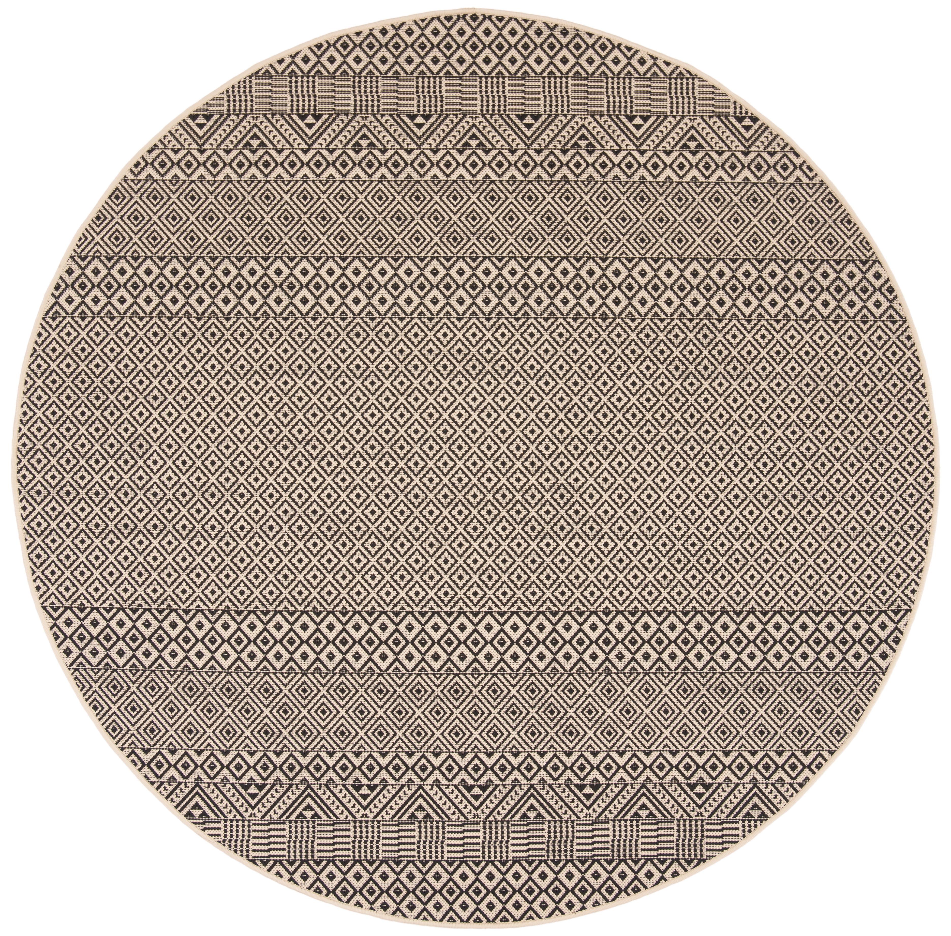 Beige and Black 4' Round Geometric Indoor/Outdoor Rug