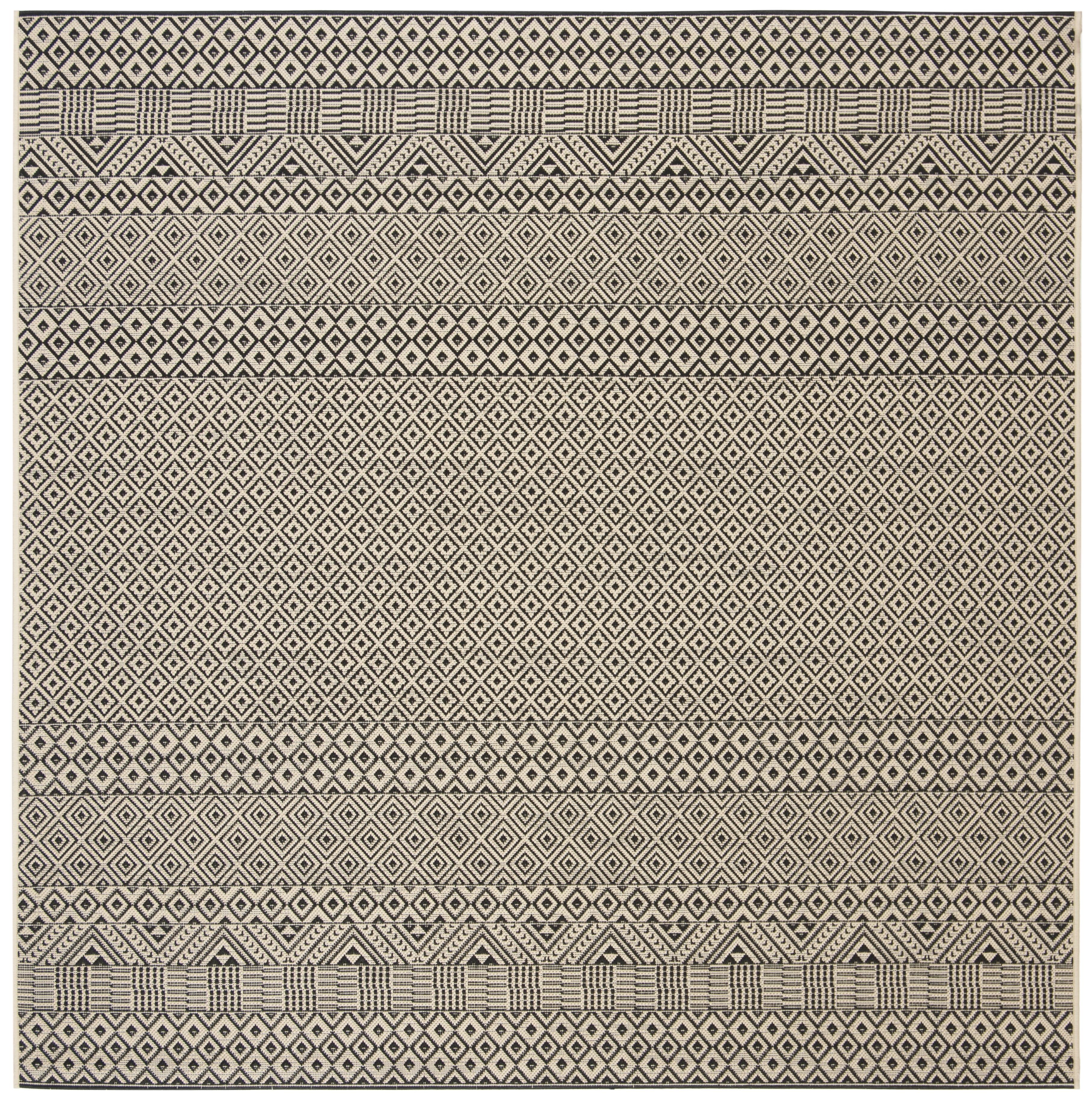 Beige and Black Geometric Square Indoor/Outdoor Rug, 4' x 4'