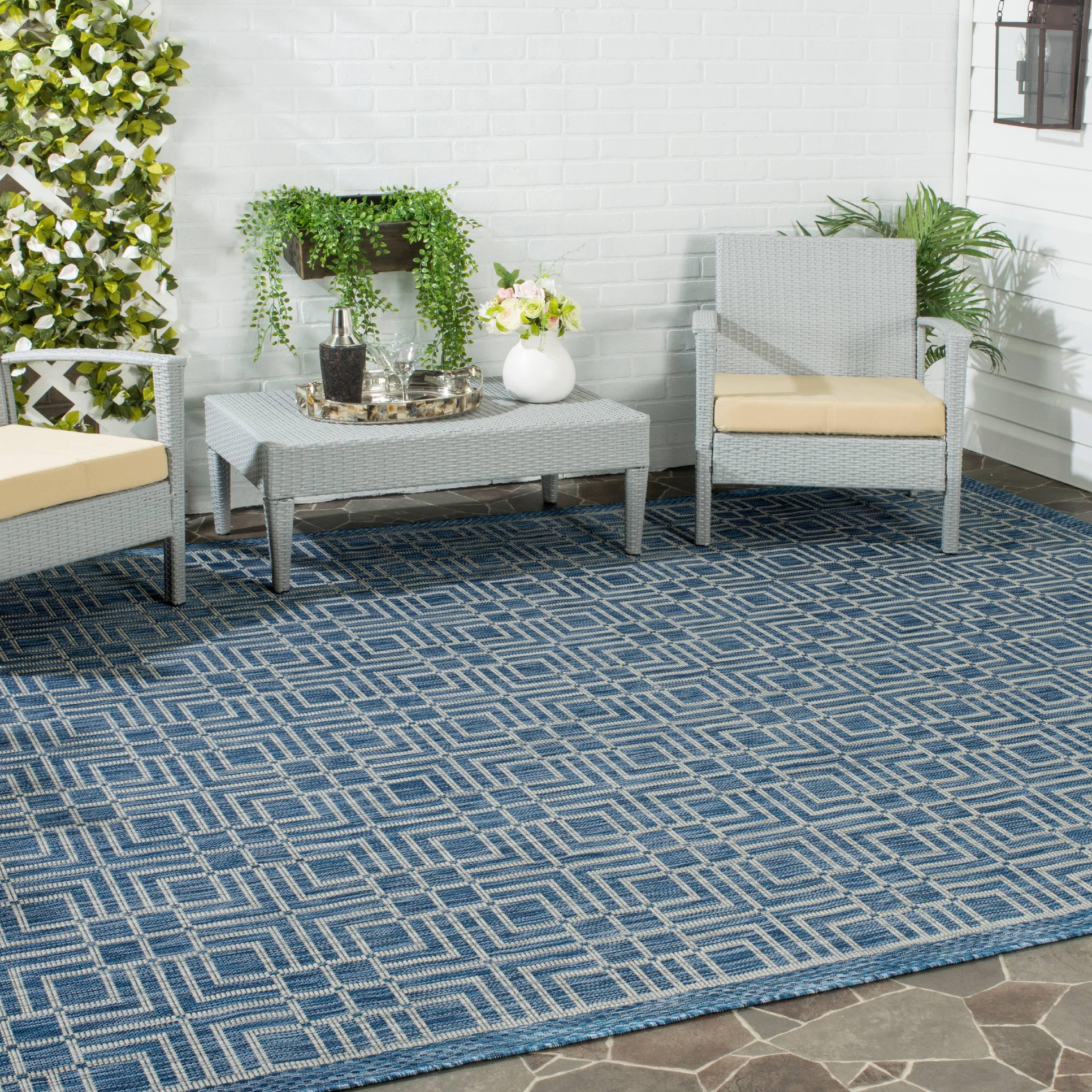 Gray and Blue Geometric Synthetic Square Area Rug