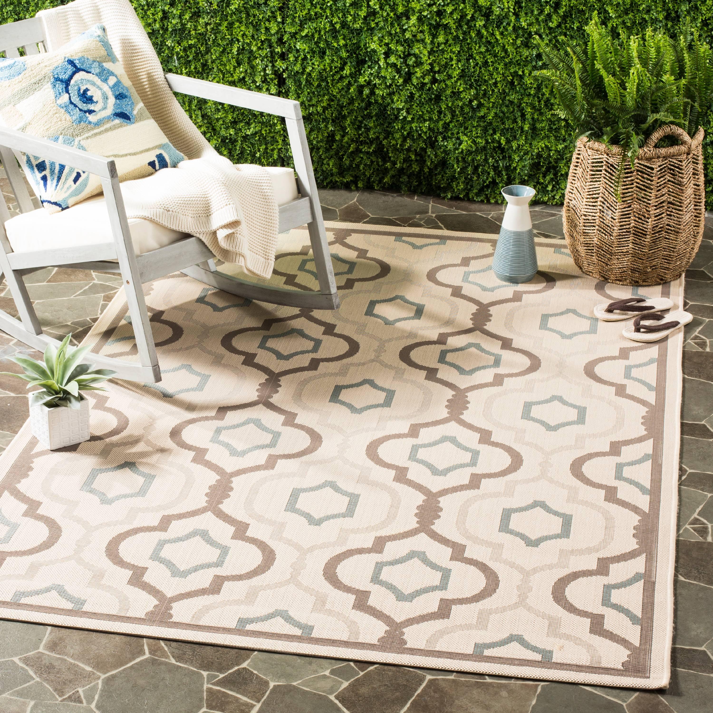 Beige and Aqua Geometric Square Indoor/Outdoor Area Rug