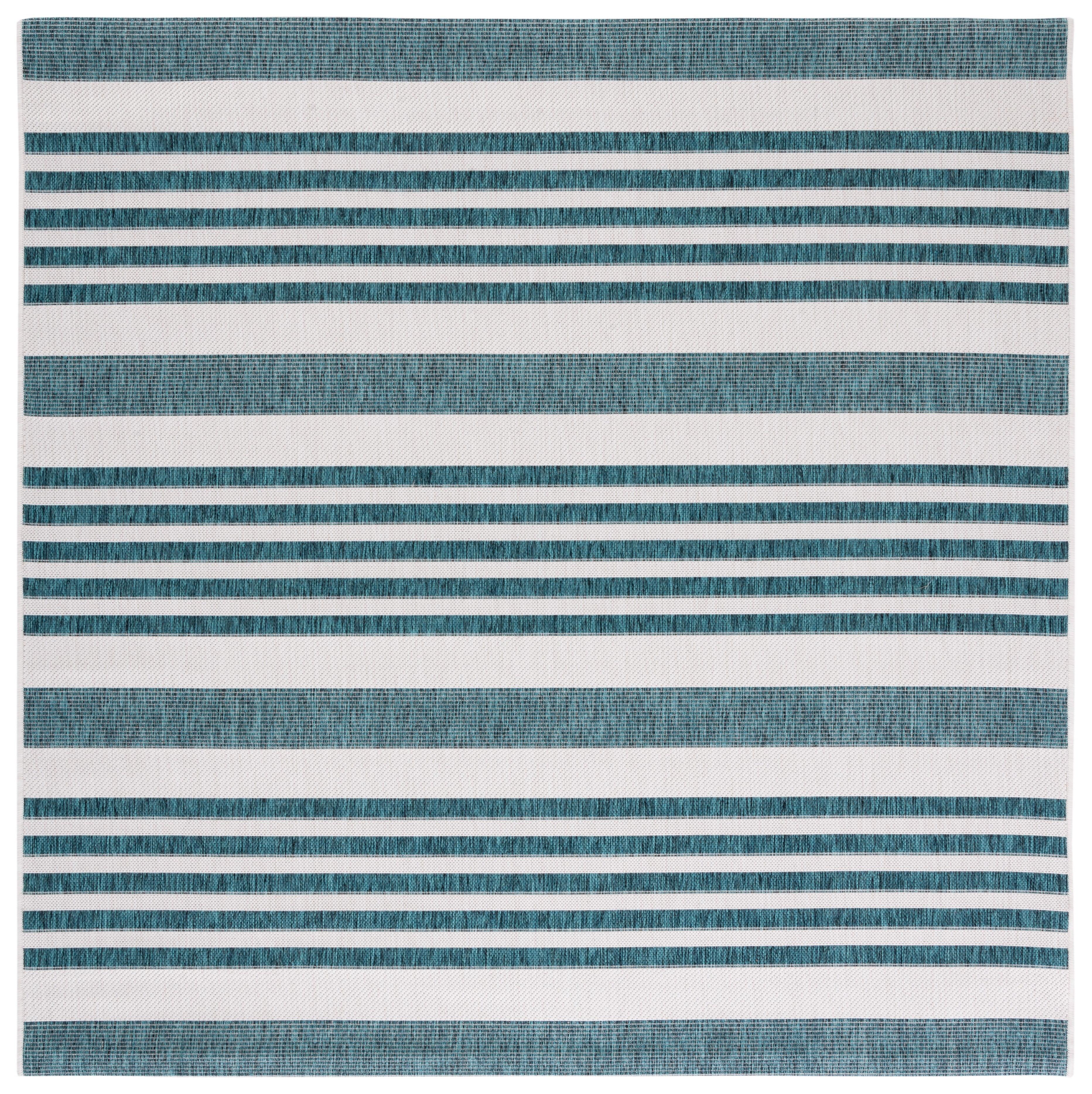 Ivory and Teal Striped Square Indoor/Outdoor Synthetic Rug