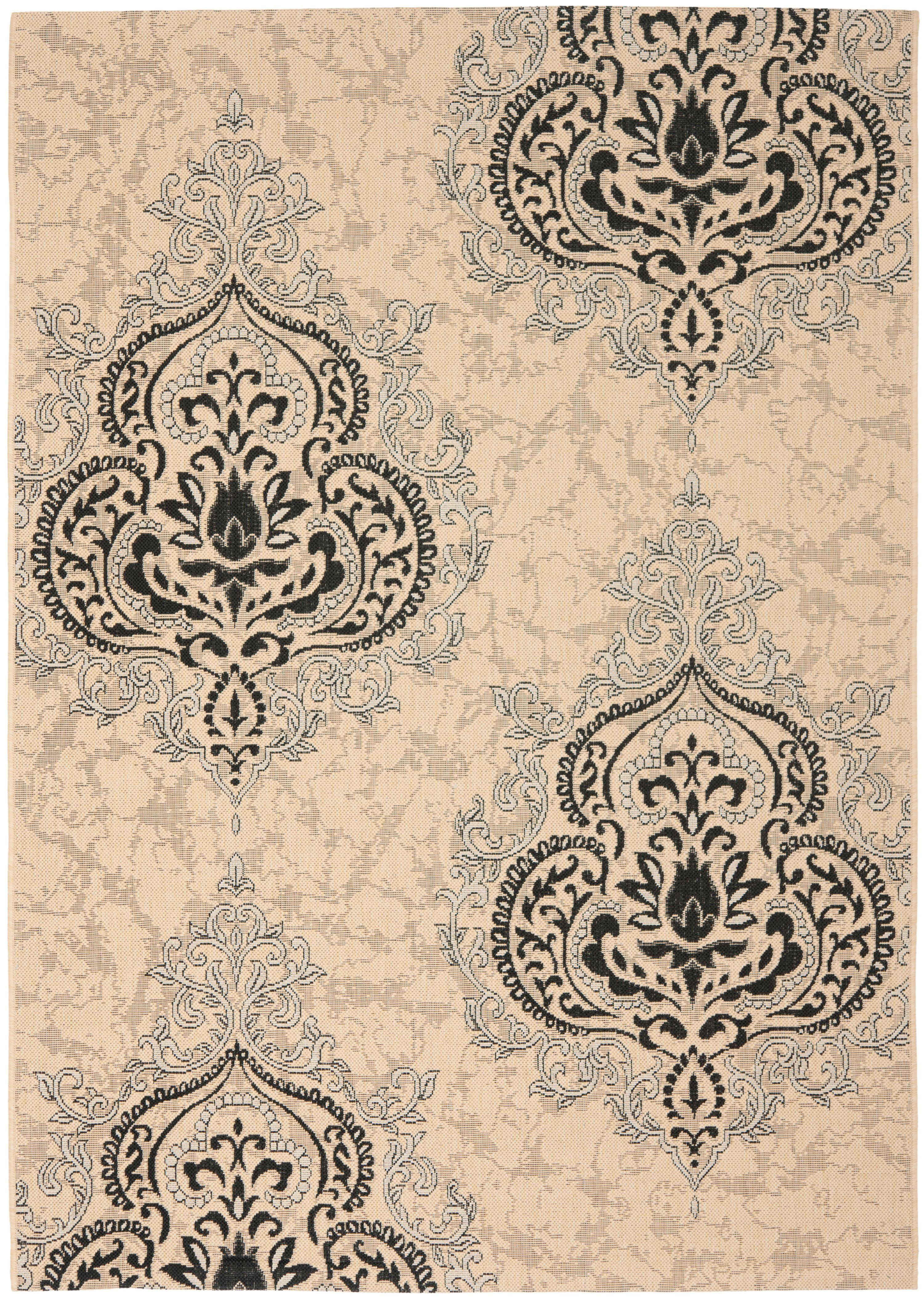 Beige and Black Damask Low Pile Outdoor Area Rug