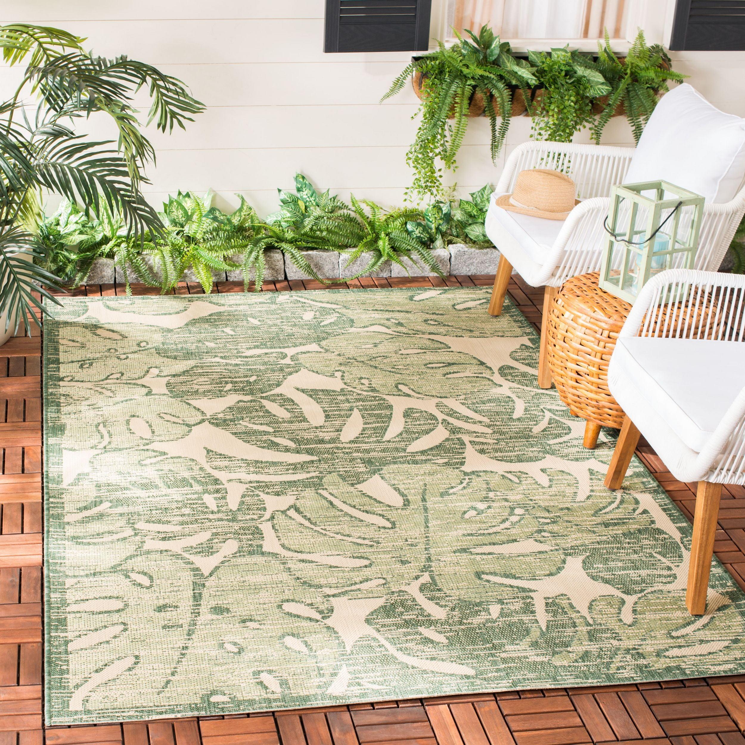 Beige and Green Leaf Pattern Indoor/Outdoor Area Rug