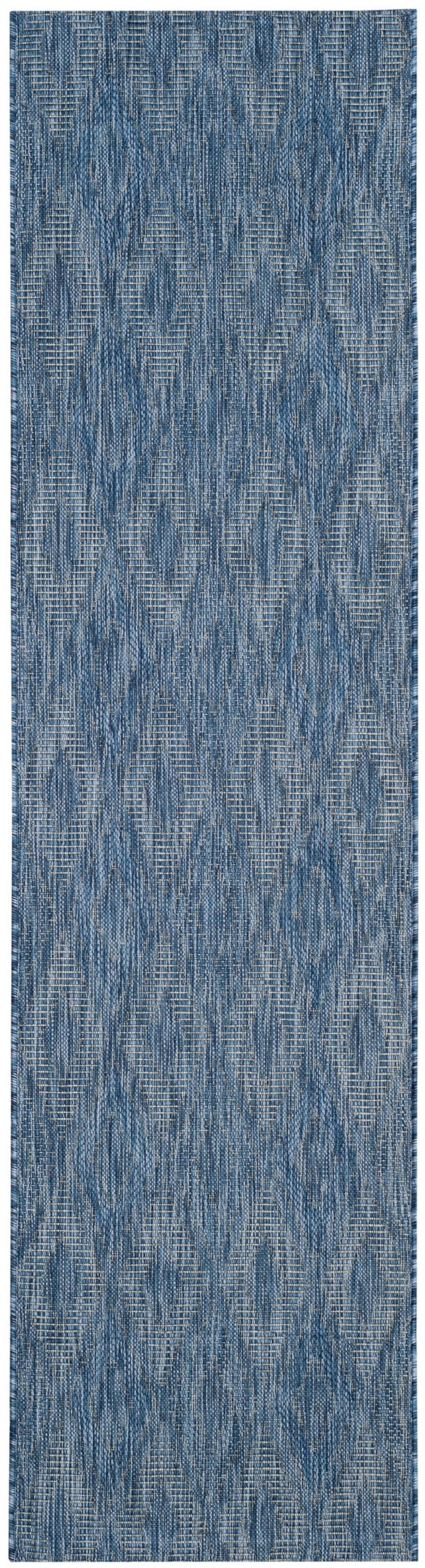 Blue Geometric Low Pile Outdoor Runner Rug