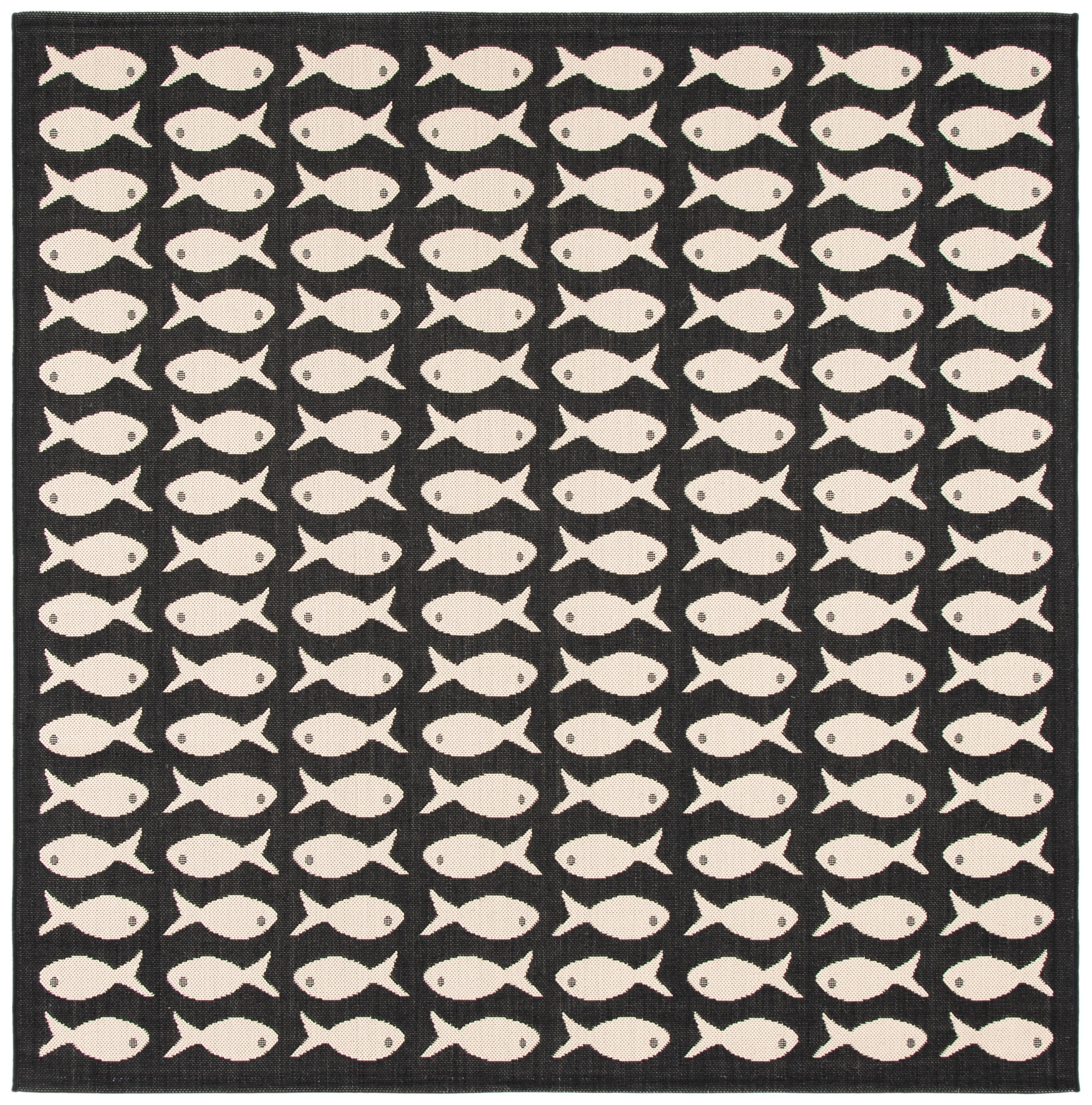 Tropical Coastal Square Rug 5'3" - Black & Beige, Synthetic, Non-Slip