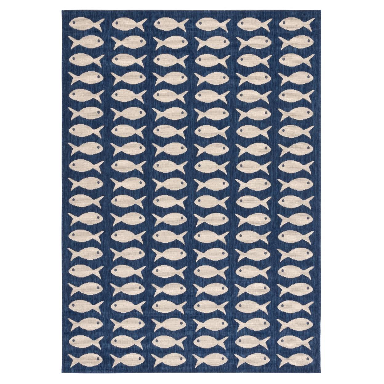 SAFAVIEH Courtyard Tranter Geometric Fish Indoor/Outdoor Area Rug, 5'3" x 7'7", Navy/Beige