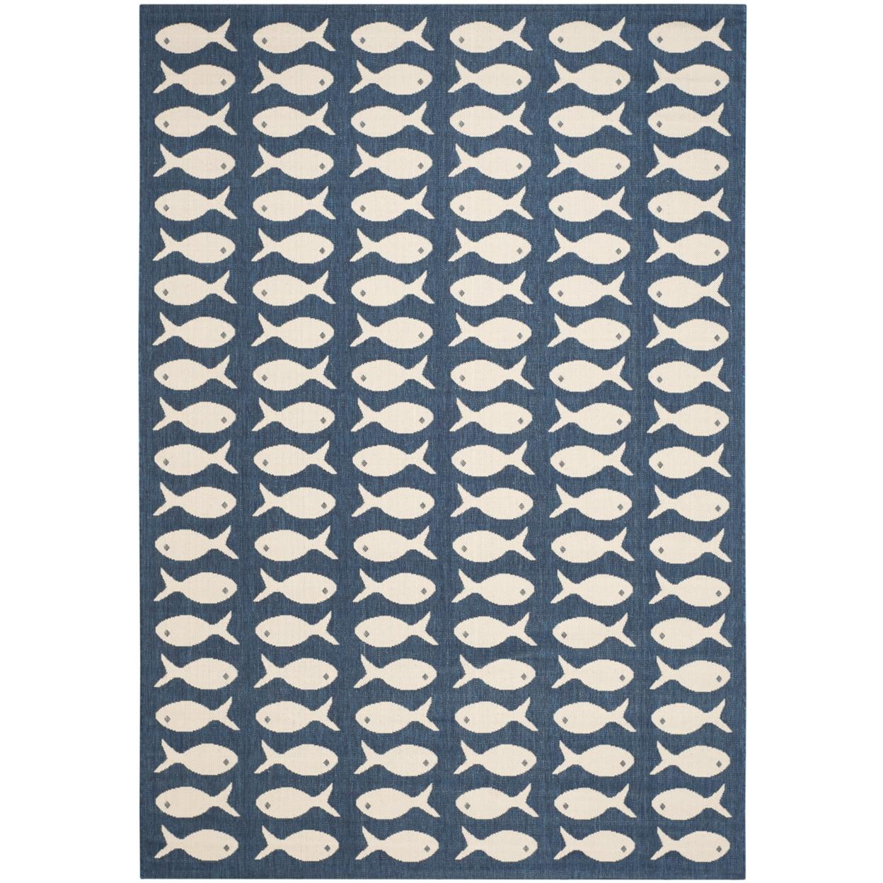 Navy and Beige Square Synthetic Indoor/Outdoor Area Rug, 6'7" x 9'6"