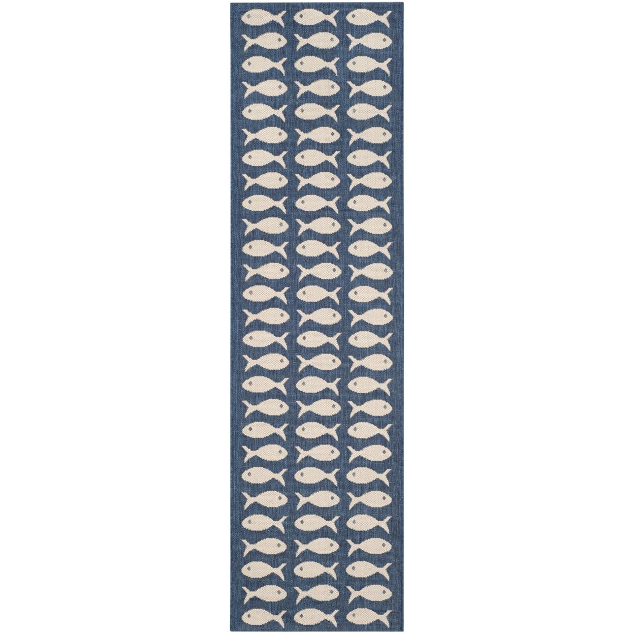 Navy and Beige Fish Pattern Indoor/Outdoor Runner Rug