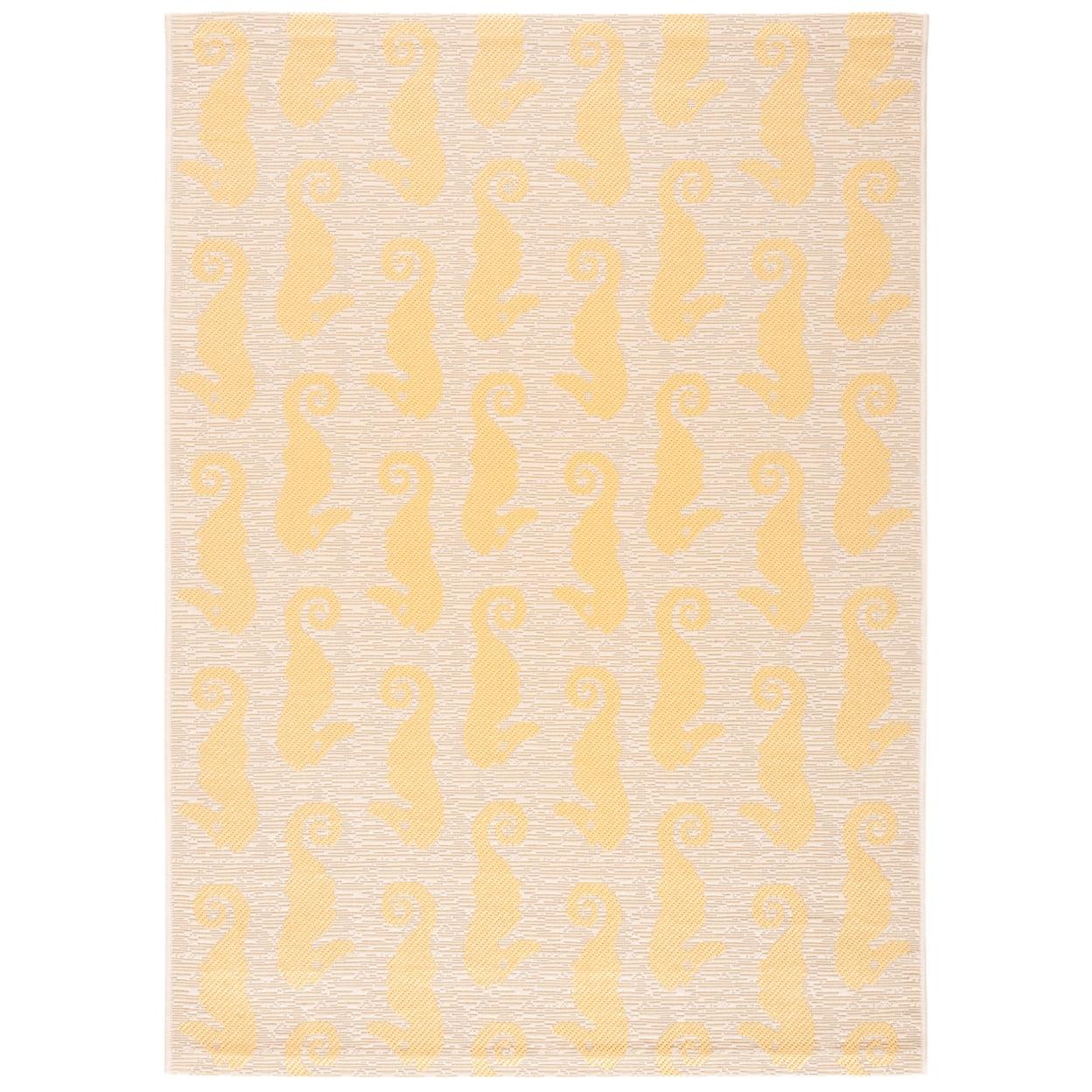 Mustard Seahorse Print Low Pile Outdoor Area Rug