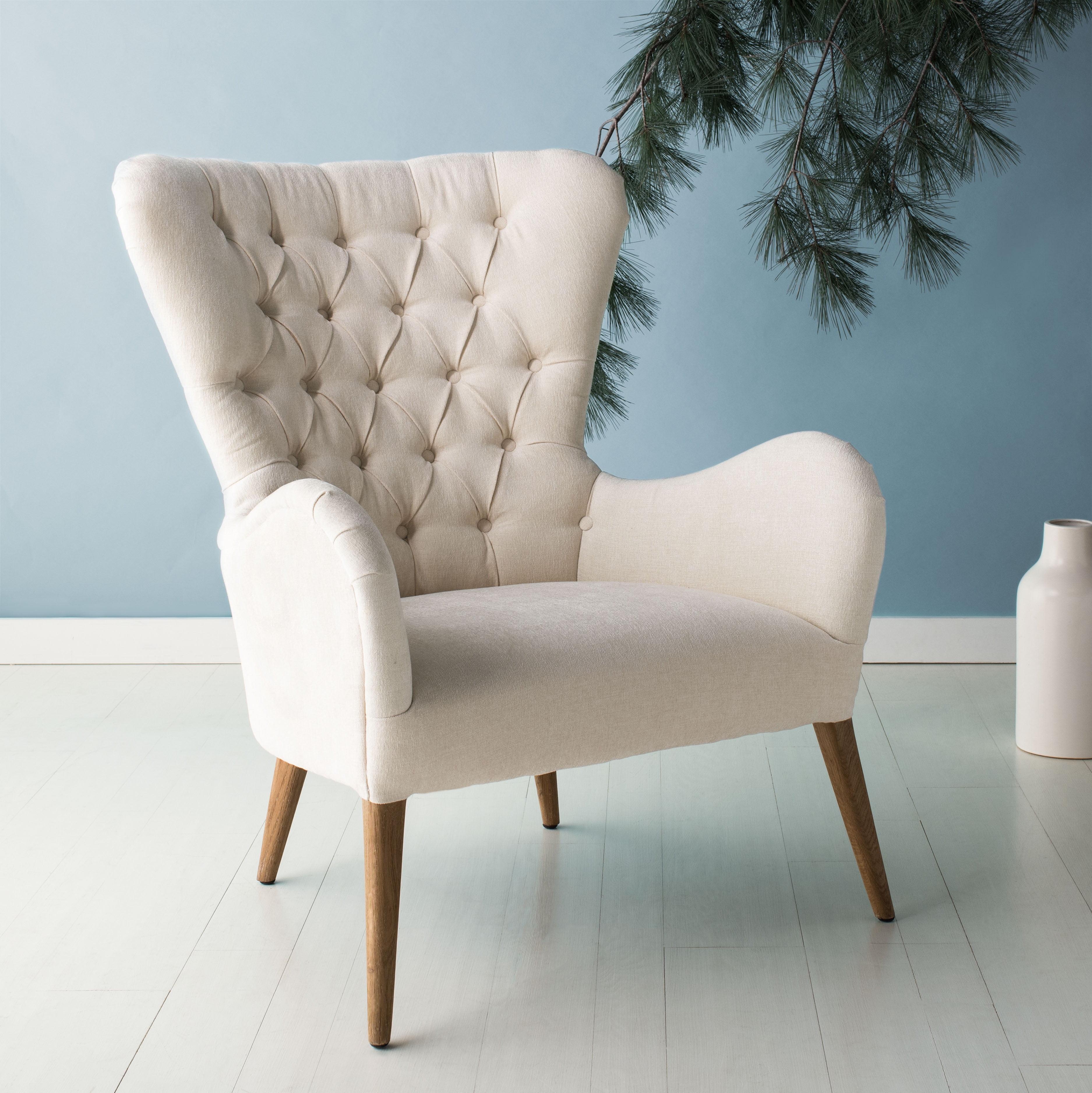 Off-White Tufted Wingback Accent Chair with Wood Legs