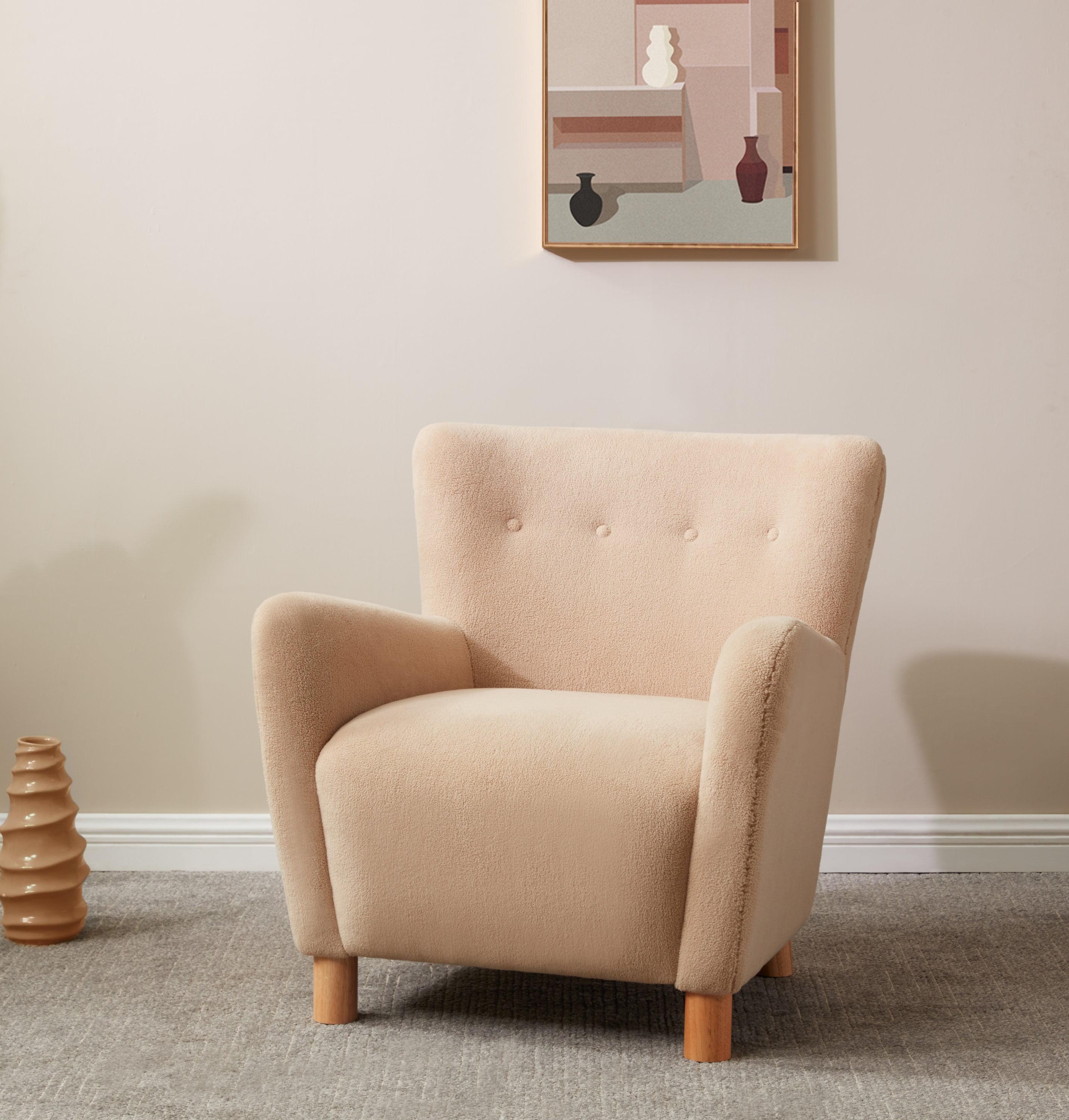 Tan Faux Shearling Accent Chair with Birch Wood Legs