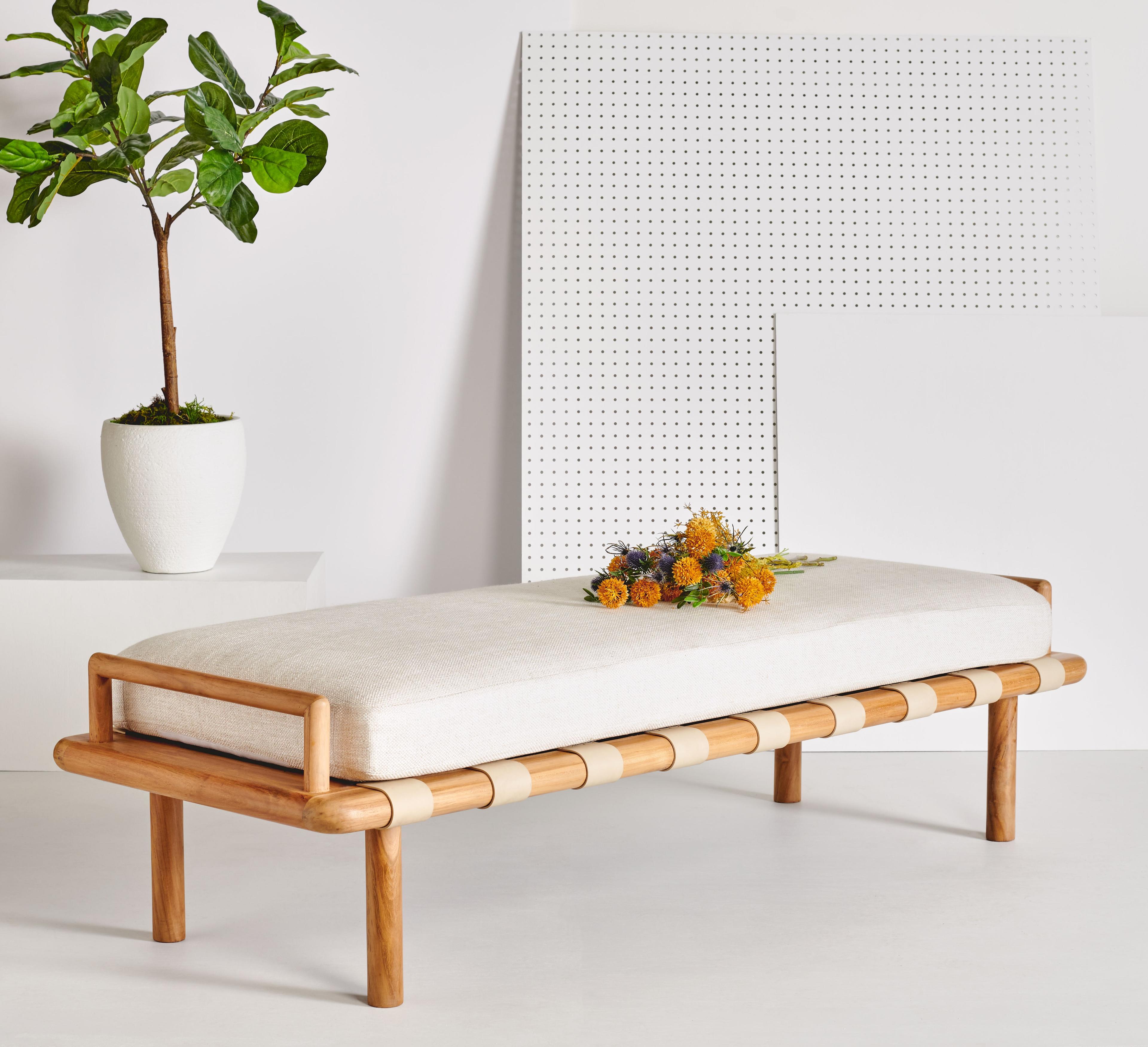 Constantine Natural Teak and White Linen Contemporary Bench