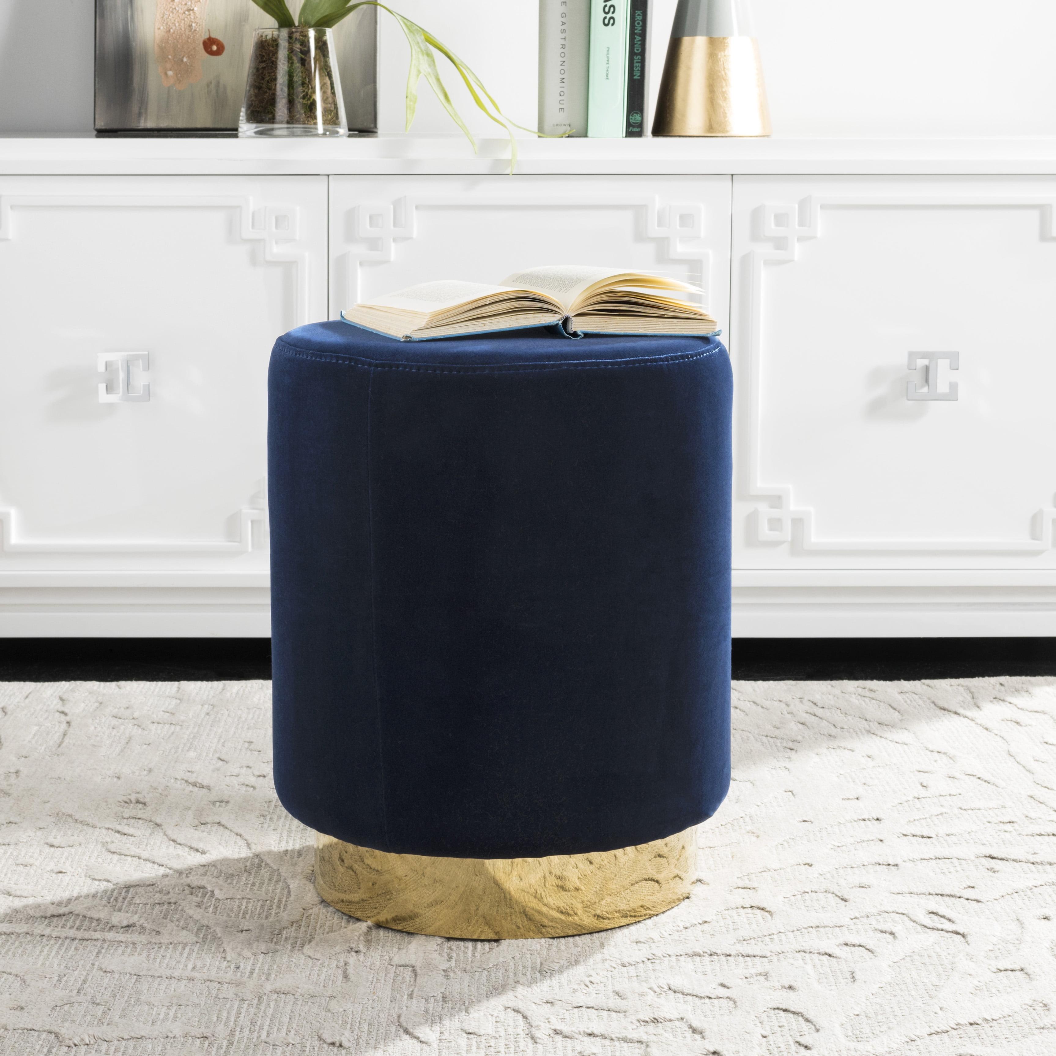 Elsworth Velvet Ottoman with Brass Base - Navy - Safavieh