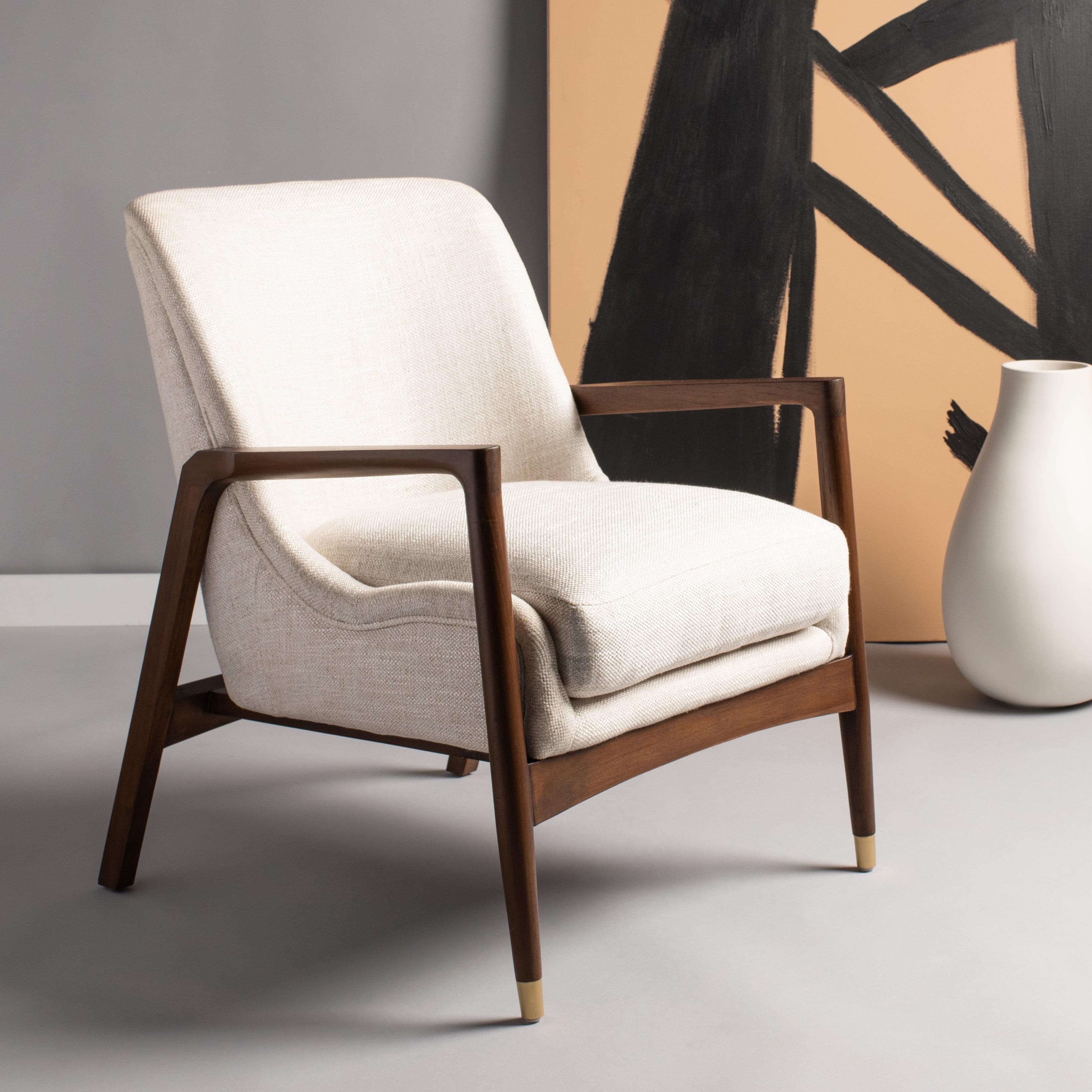 Scandinavian Cream Linen & Wood Transitional Accent Chair with Brass Tips