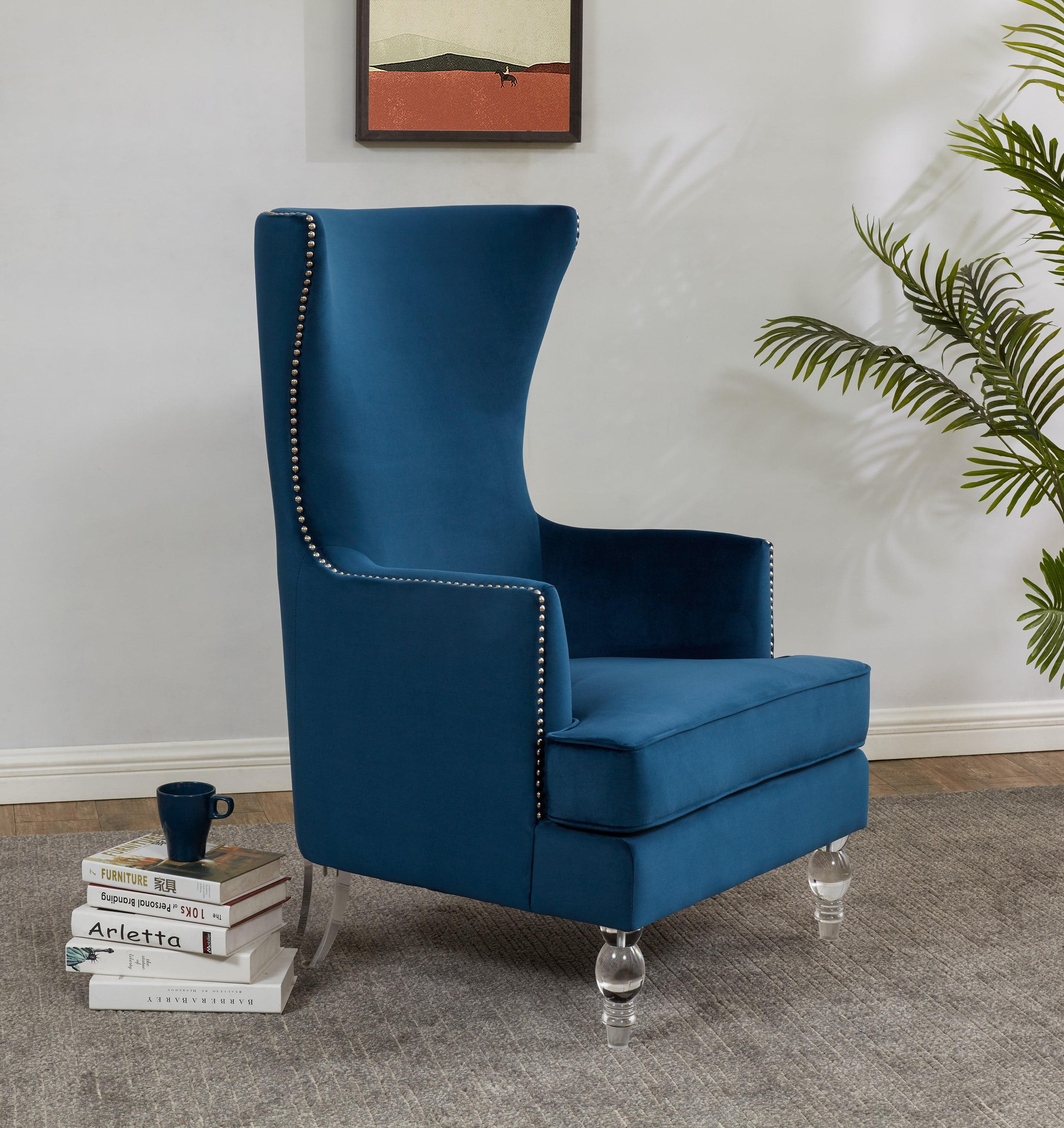 Regal Navy Velvet Wingback Accent Chair with Wooden Legs