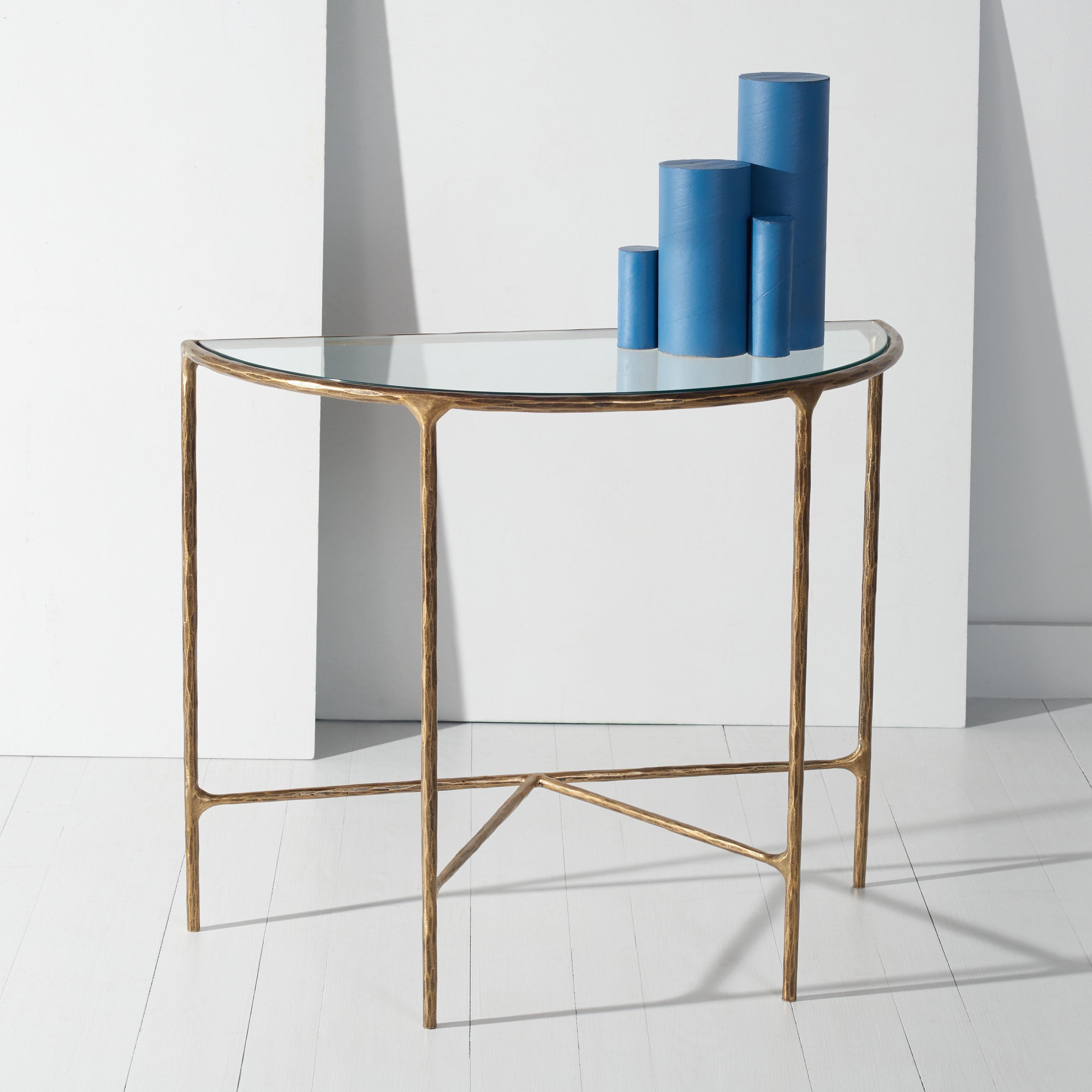 Aristocratic Brass Demilune Console Table with Sleek Glass Top