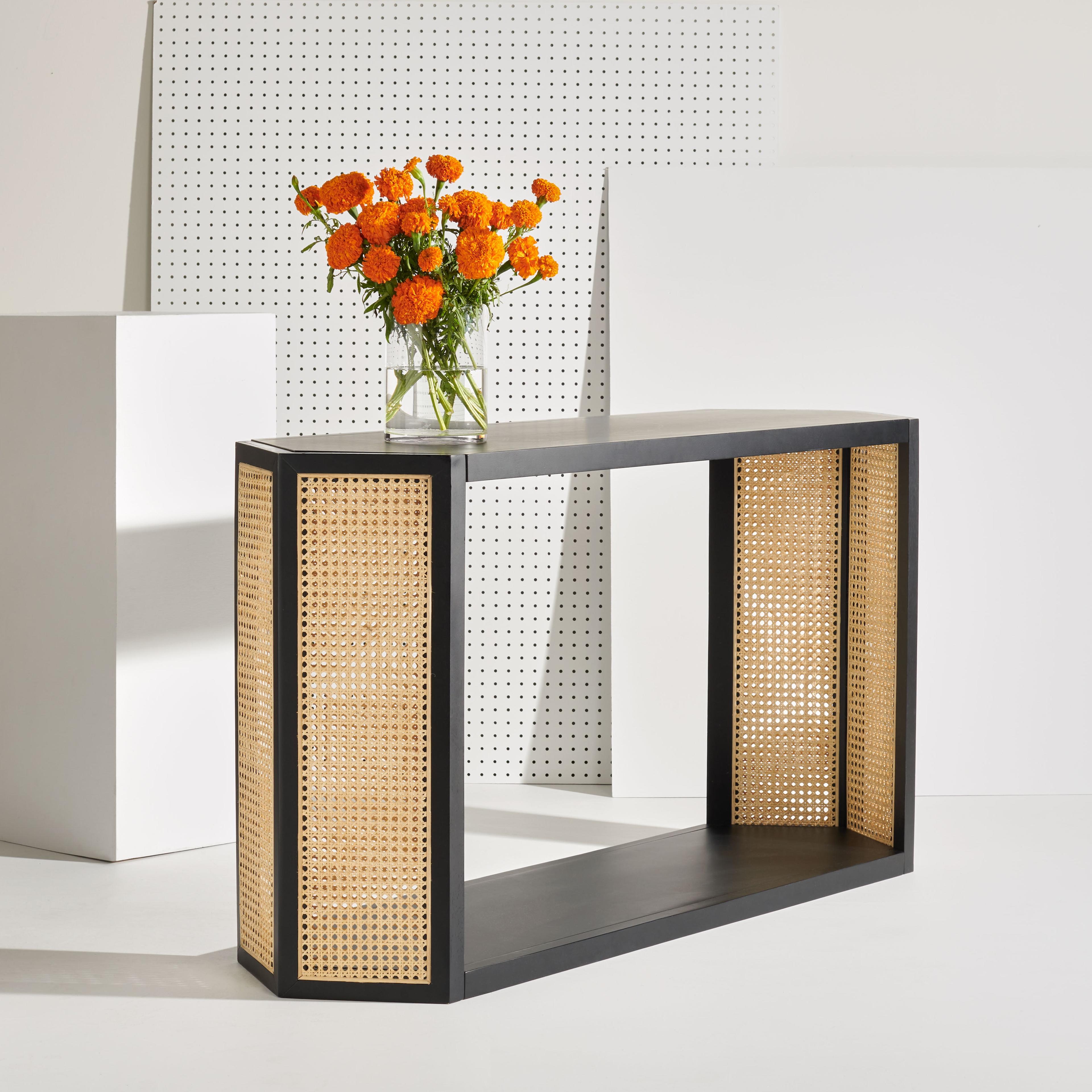 Black Wood Console Table with Woven Rattan Sides