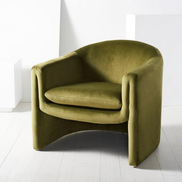 SAFAVIEH Couture Laylette Collection Modern Wood Fabric Foam Metal Solid Print Accent Chair, Olive Green