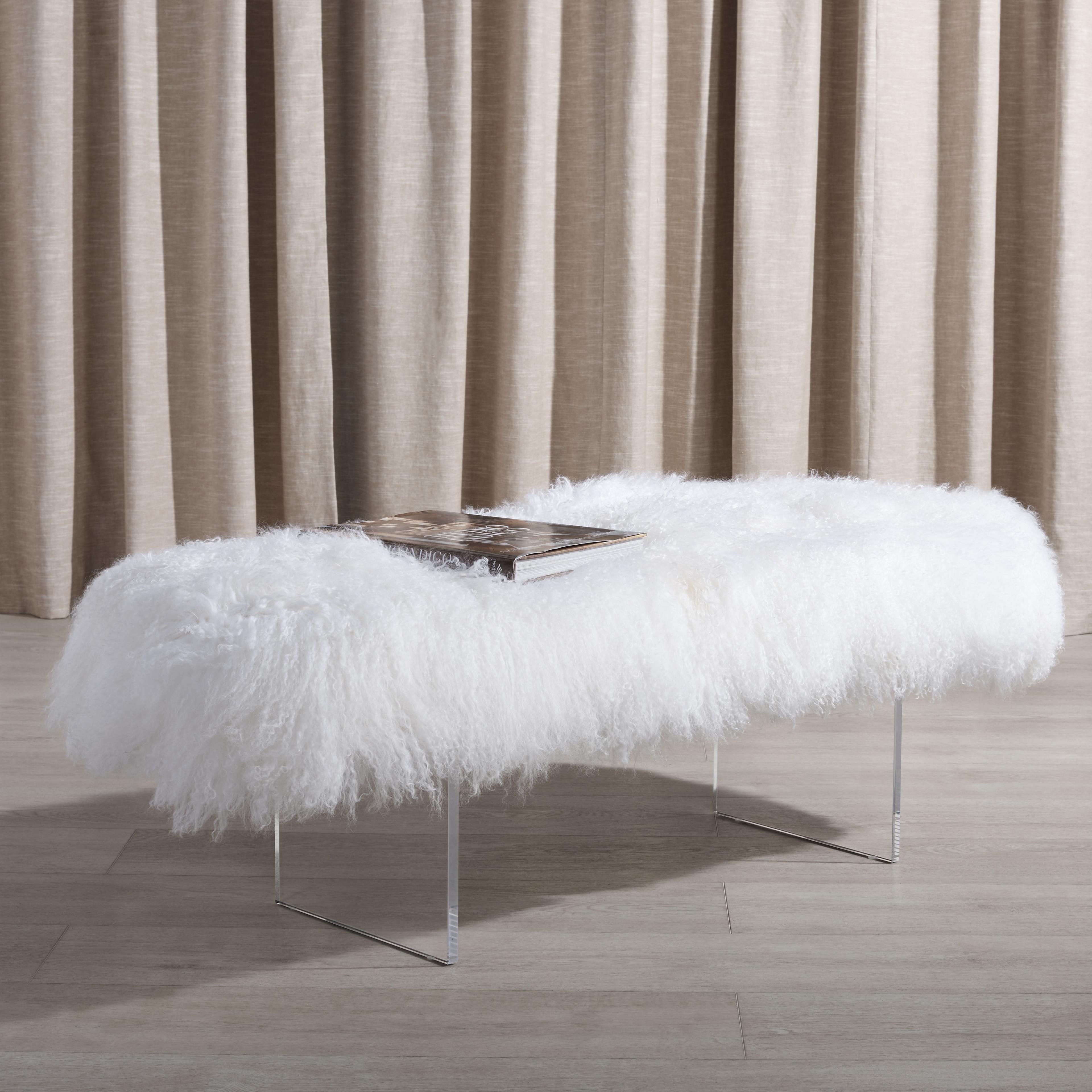 Lilliana 50'' White Genuine Sheepskin Modern Bench with Acrylic Legs