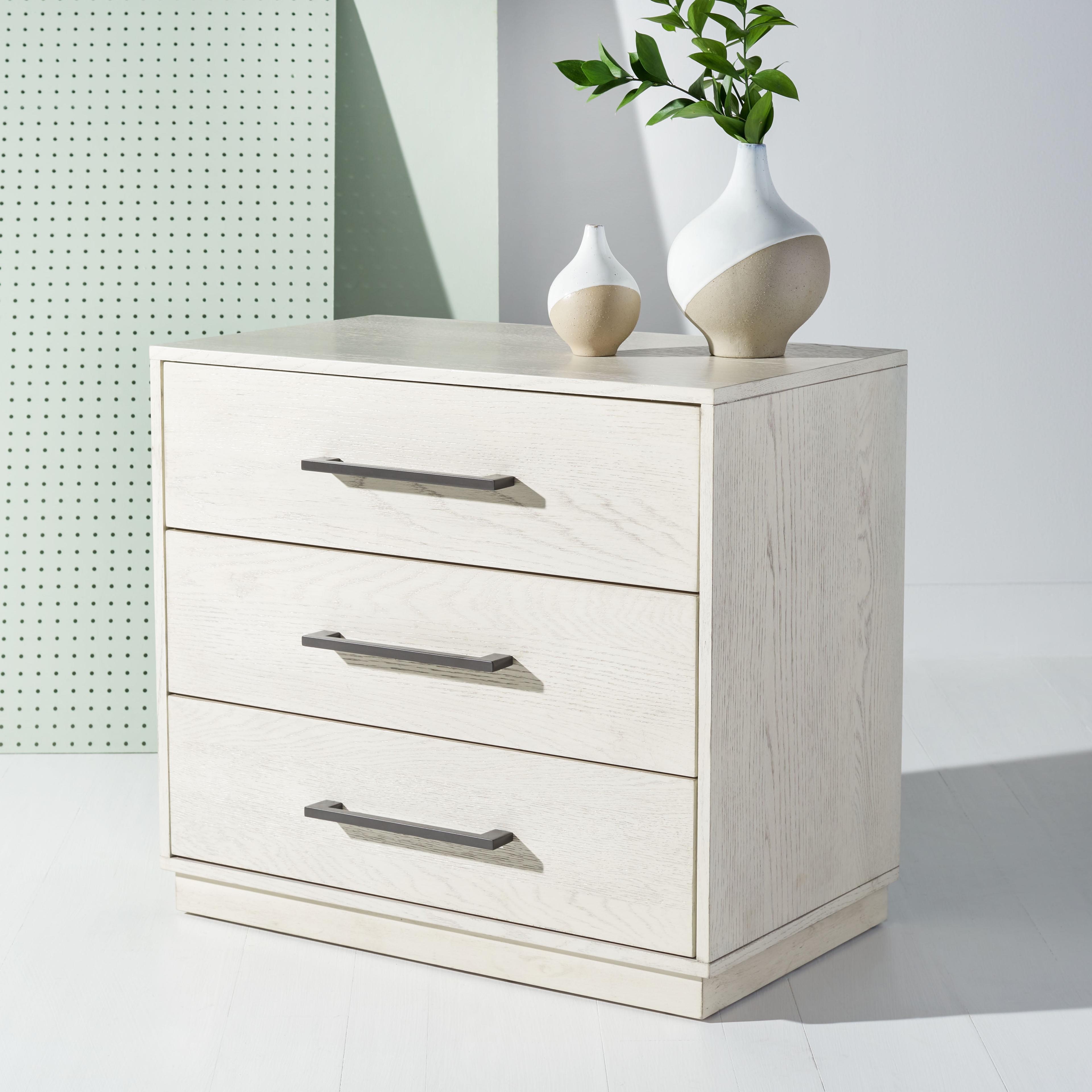 Mallory Whitewash Contemporary 3-Drawer Nightstand with Bronze Pulls