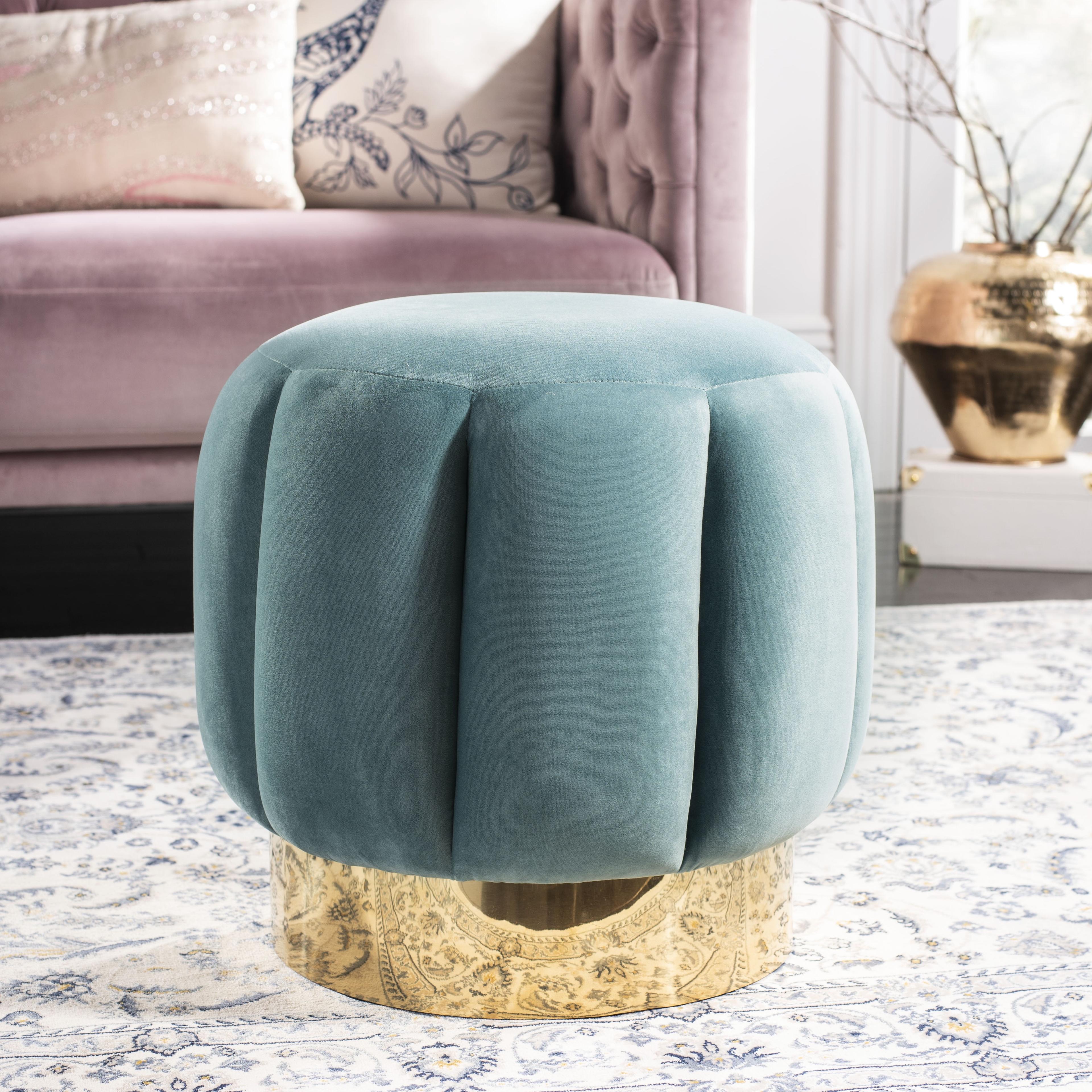 Teal Velvet Tufted Ottoman with Gold Base