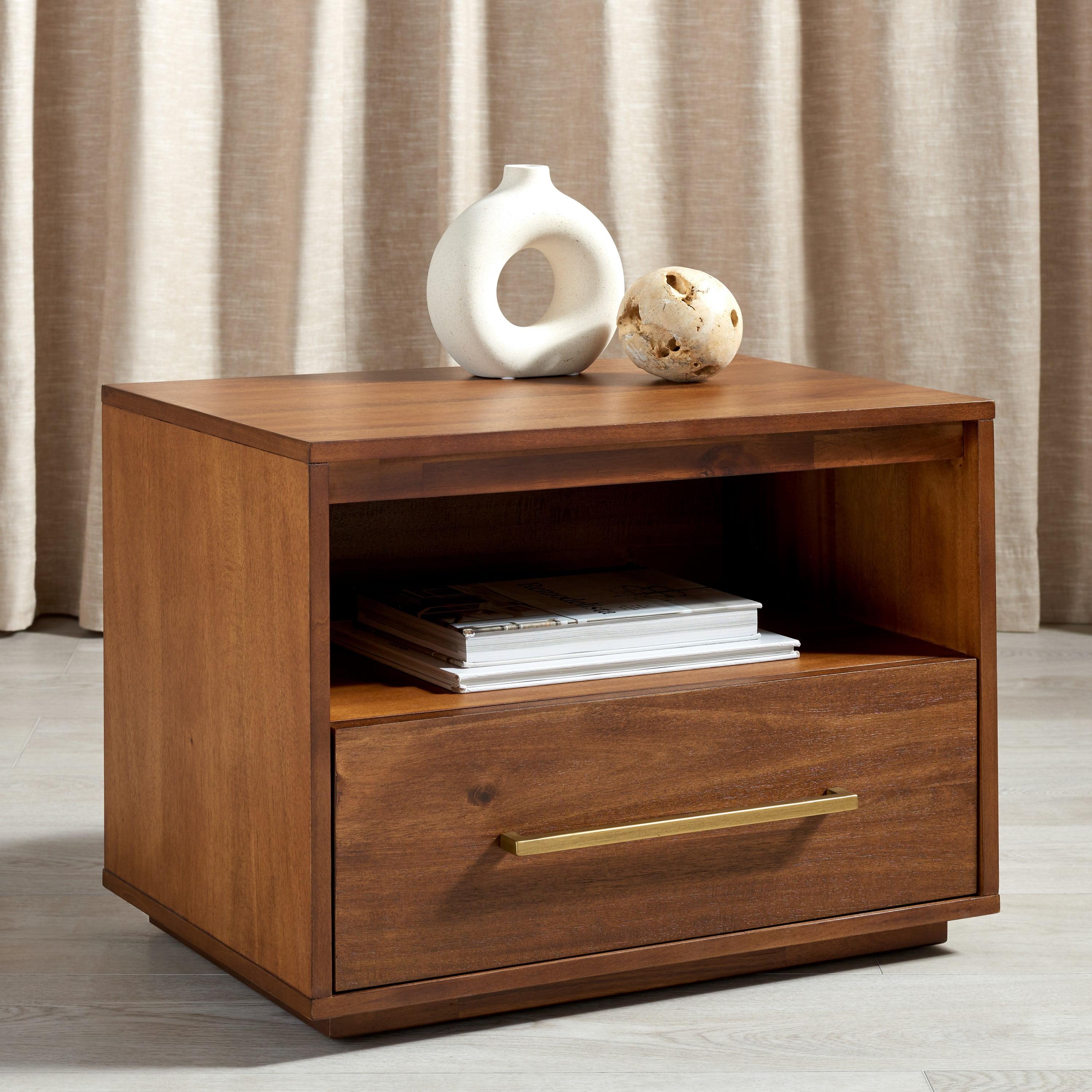 Transitional Acacia Wood Nightstand with Slim Metal Pull - Brown