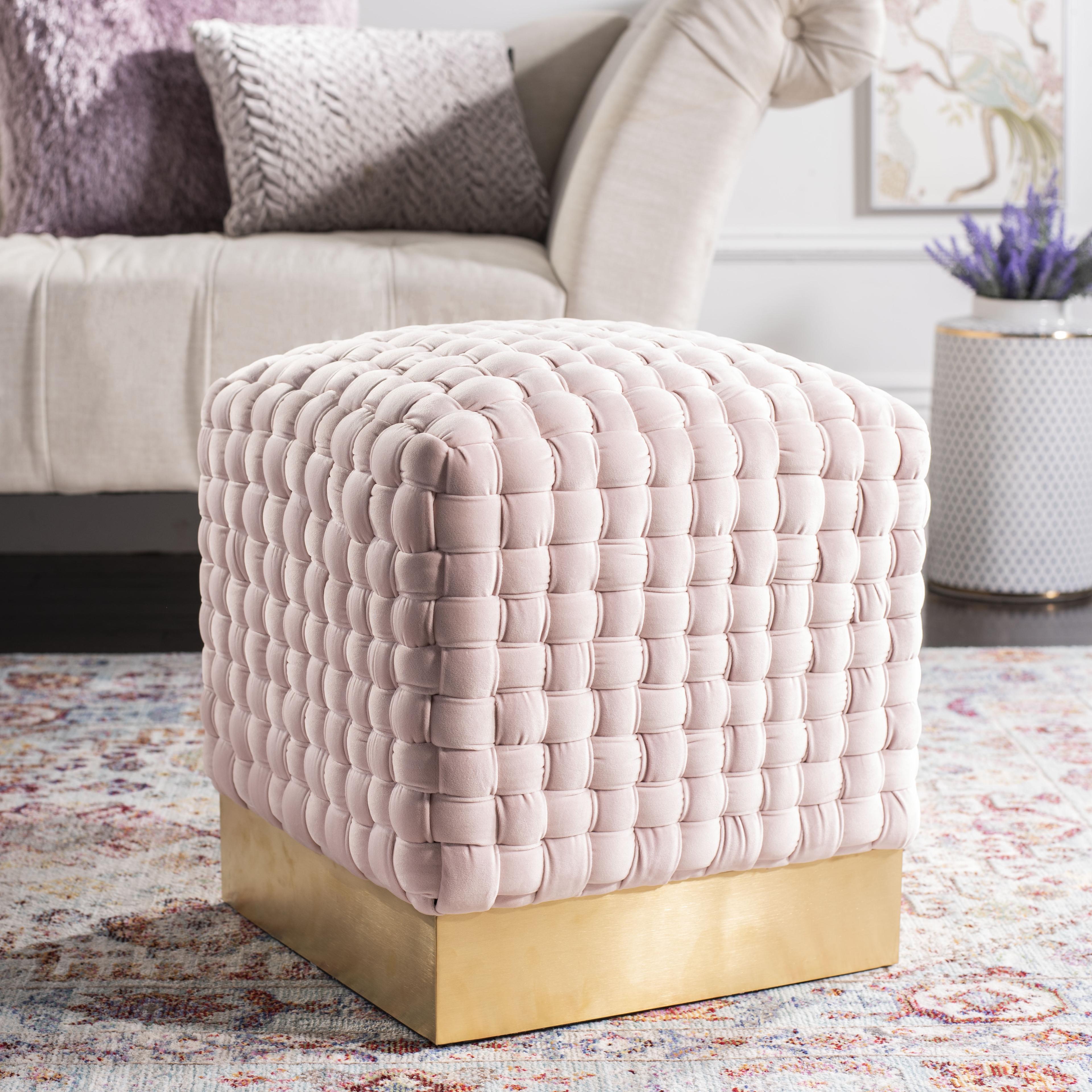 Ravyn 17'' Pink Woven Velvet Ottoman with Radiant Gold Finish